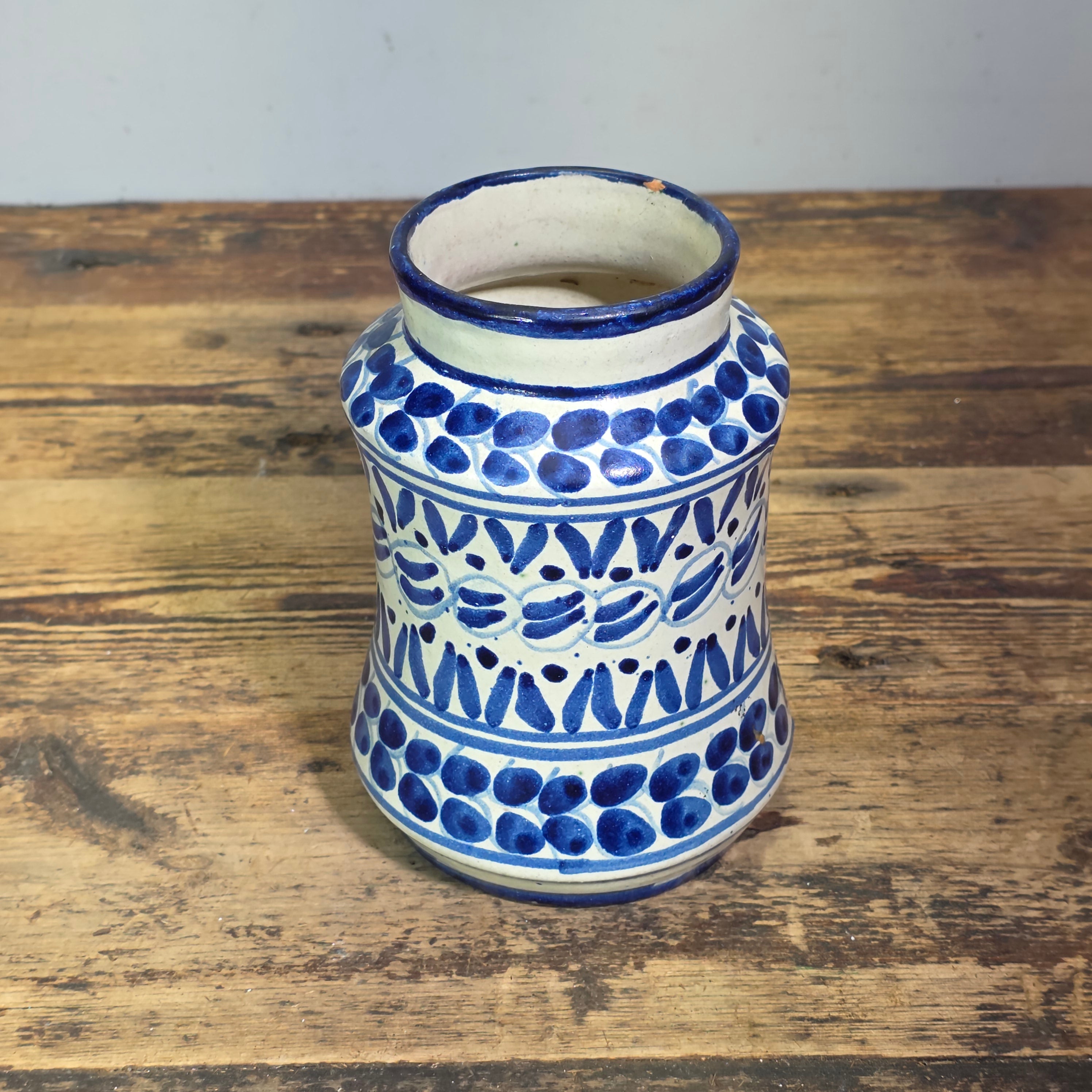 Vintage Talavera Mexican Pottery Albarello Flower Vase Apothecary Jar Blue White