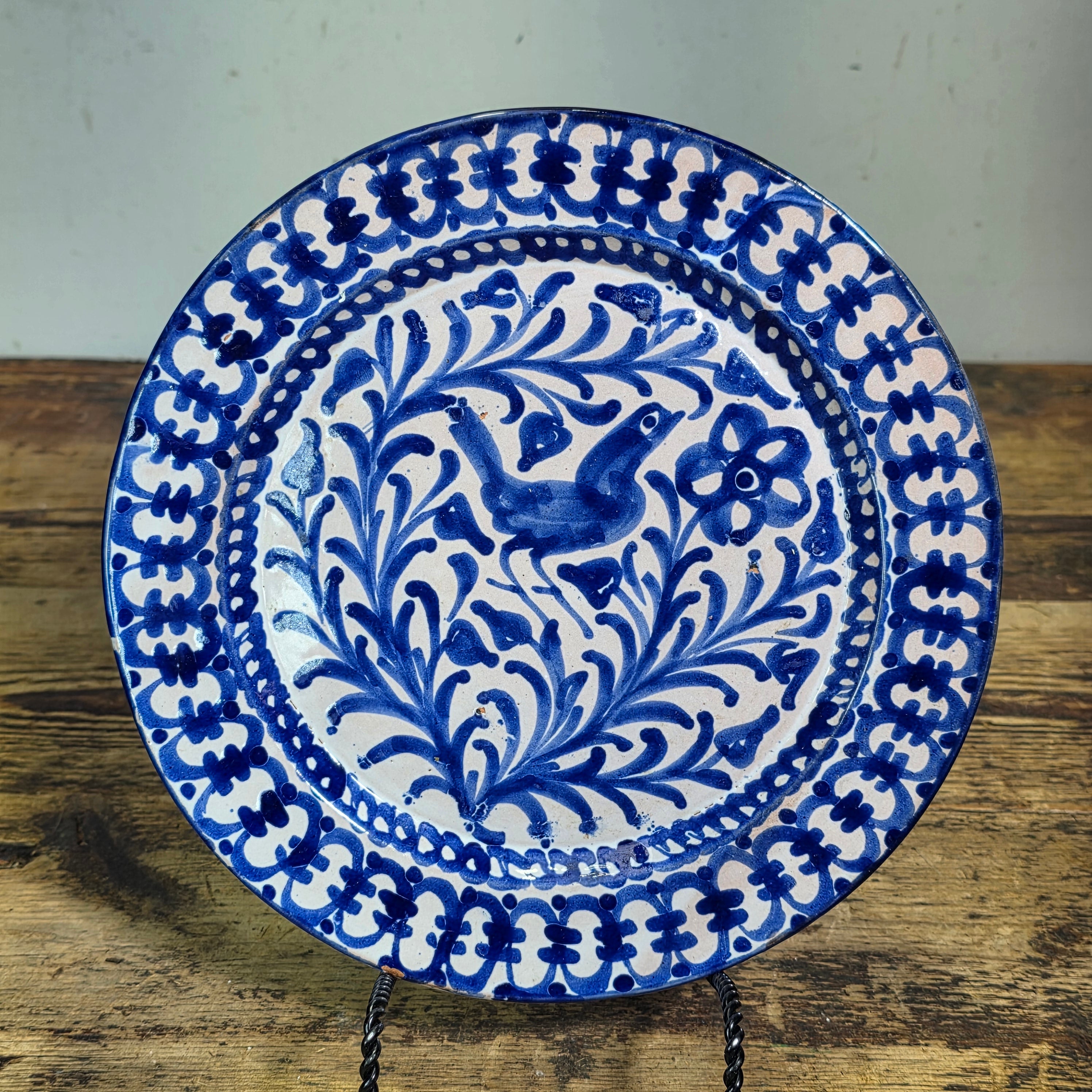 Vintage Fajalauza Granada Spanish Pottery Plate Blue White Bird MMM Morales 9"
