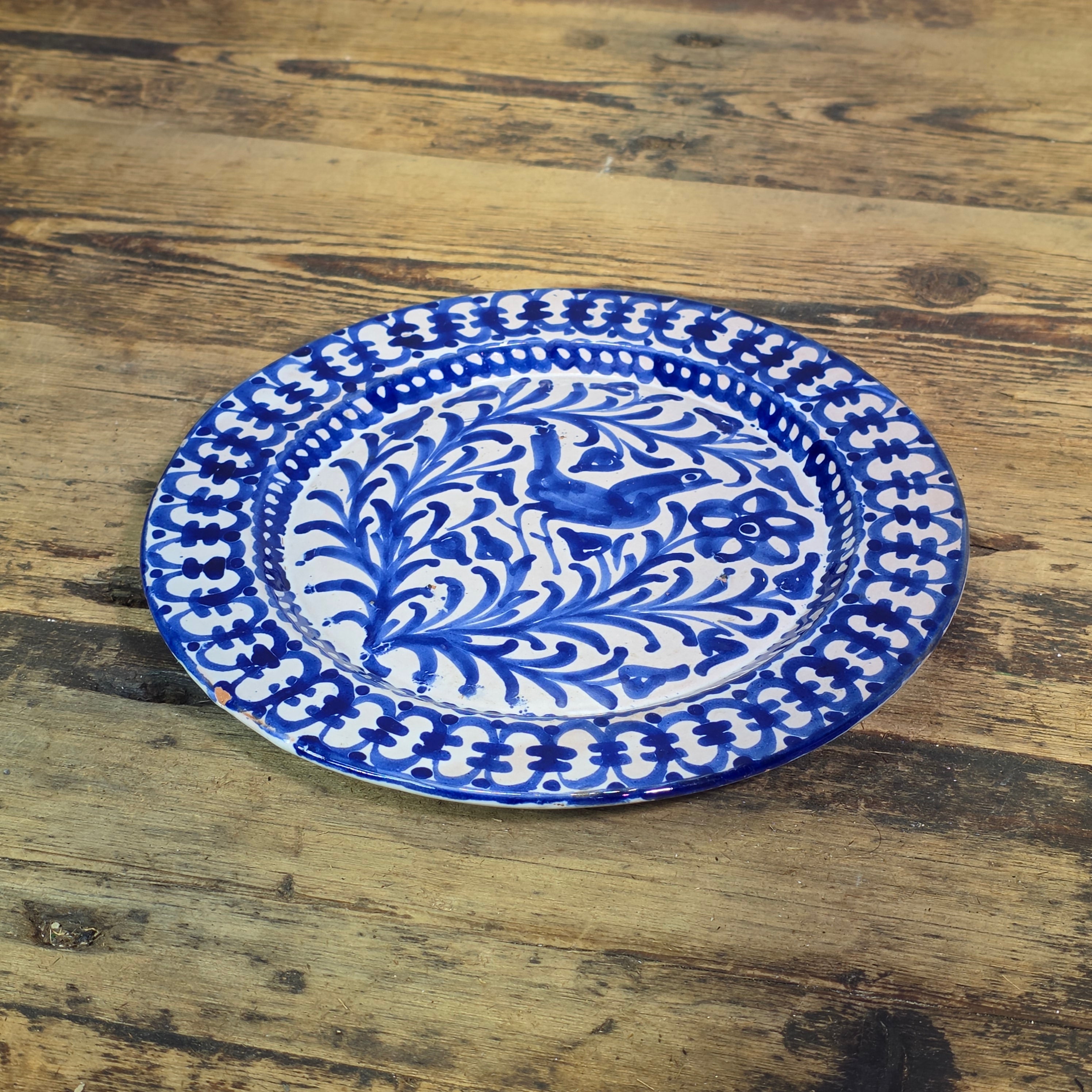 Vintage Fajalauza Granada Spanish Pottery Plate Blue White Bird MMM Morales 9"