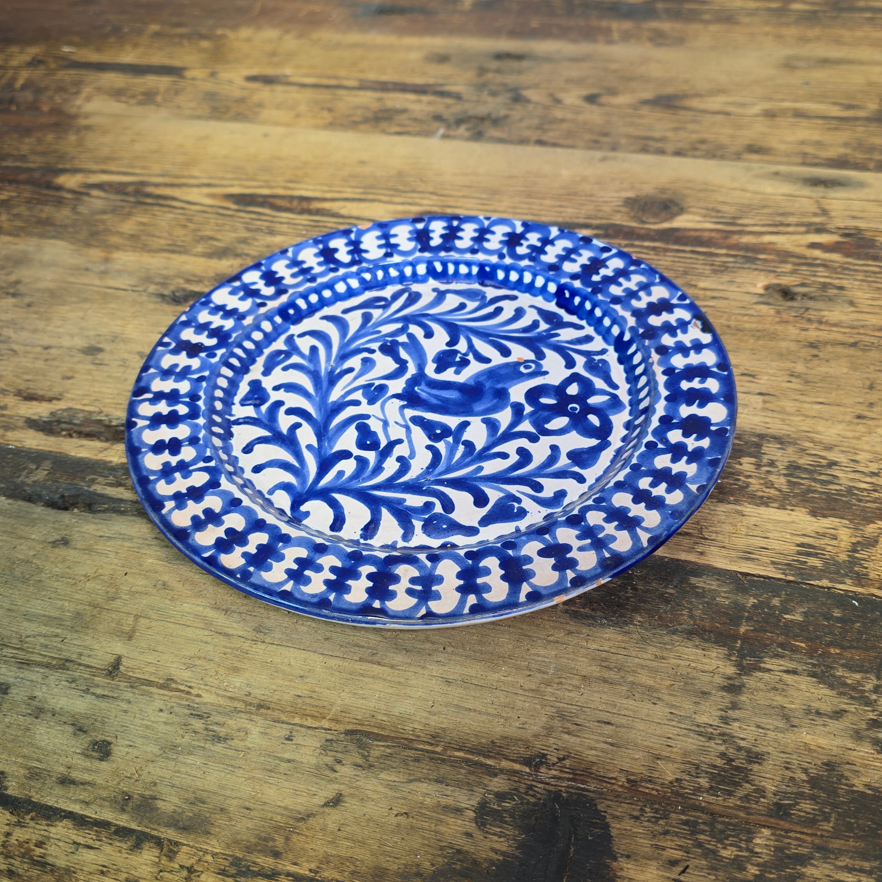 Vintage Fajalauza Granada Spanish Pottery Plate Blue White Bird MMM Morales 9"