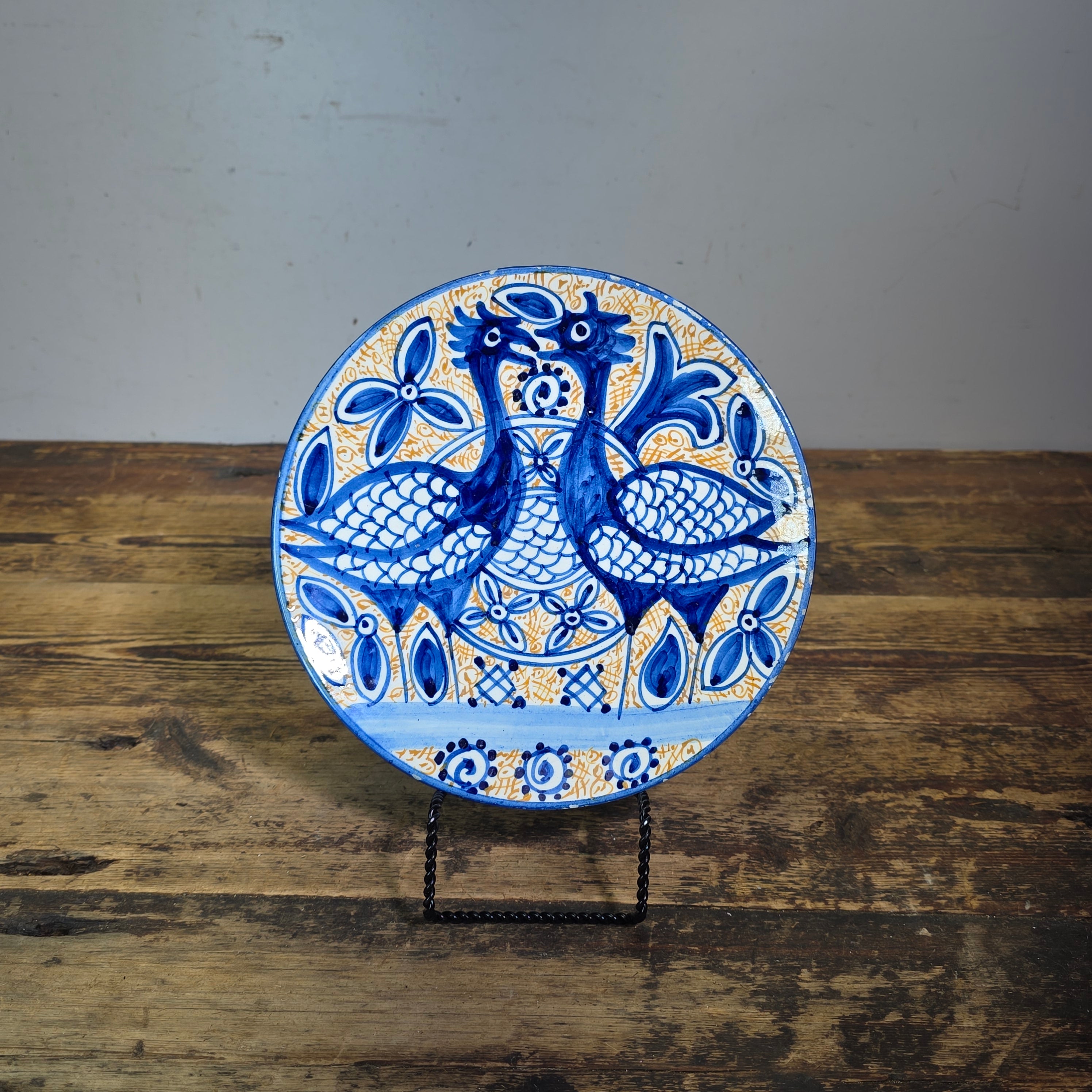 Vintage Fajalauza Granada Spanish Pottery Plate Blue Yellow Hand Painted Birds 9"