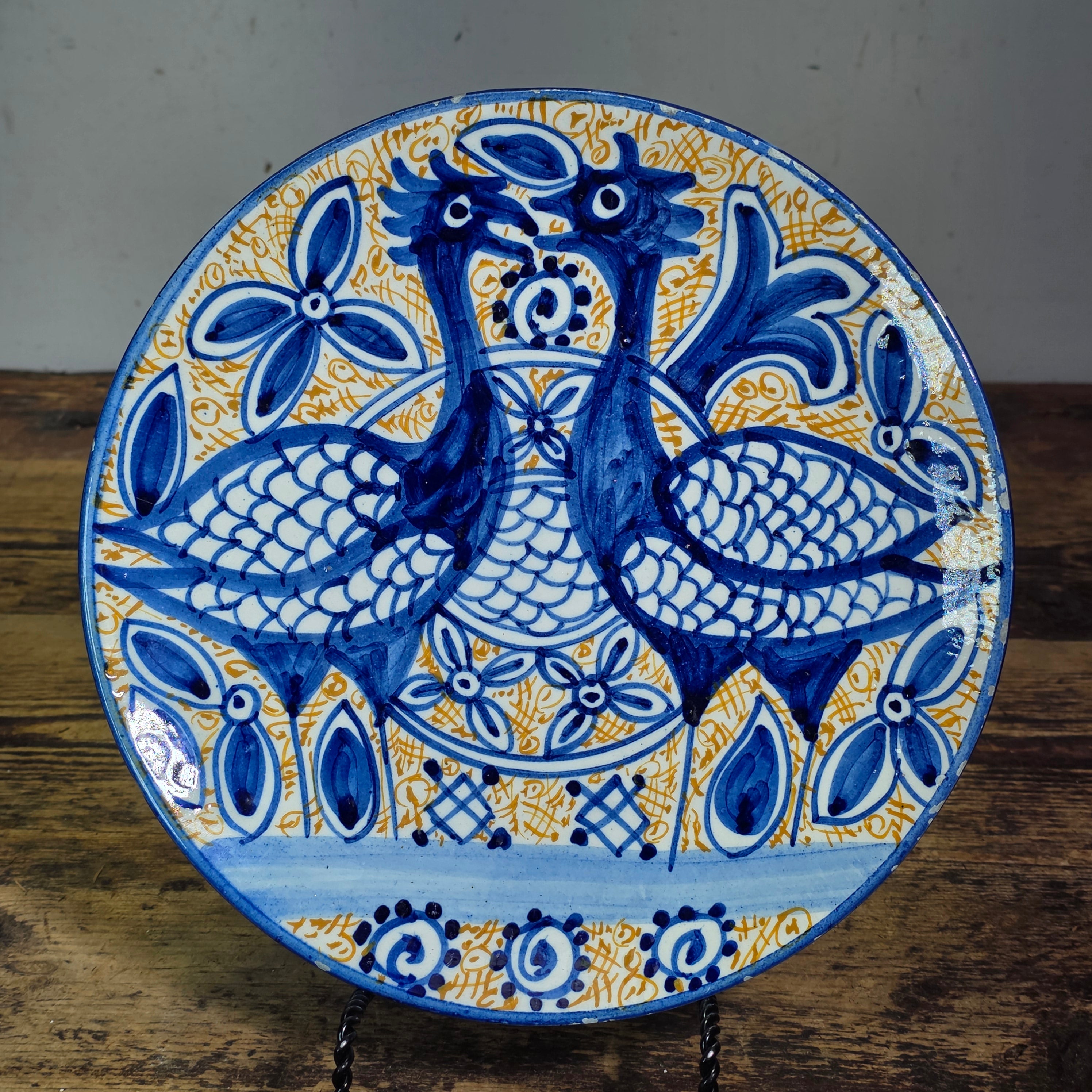 Vintage Fajalauza Granada Spanish Pottery Plate Blue Yellow Hand Painted Birds 9"