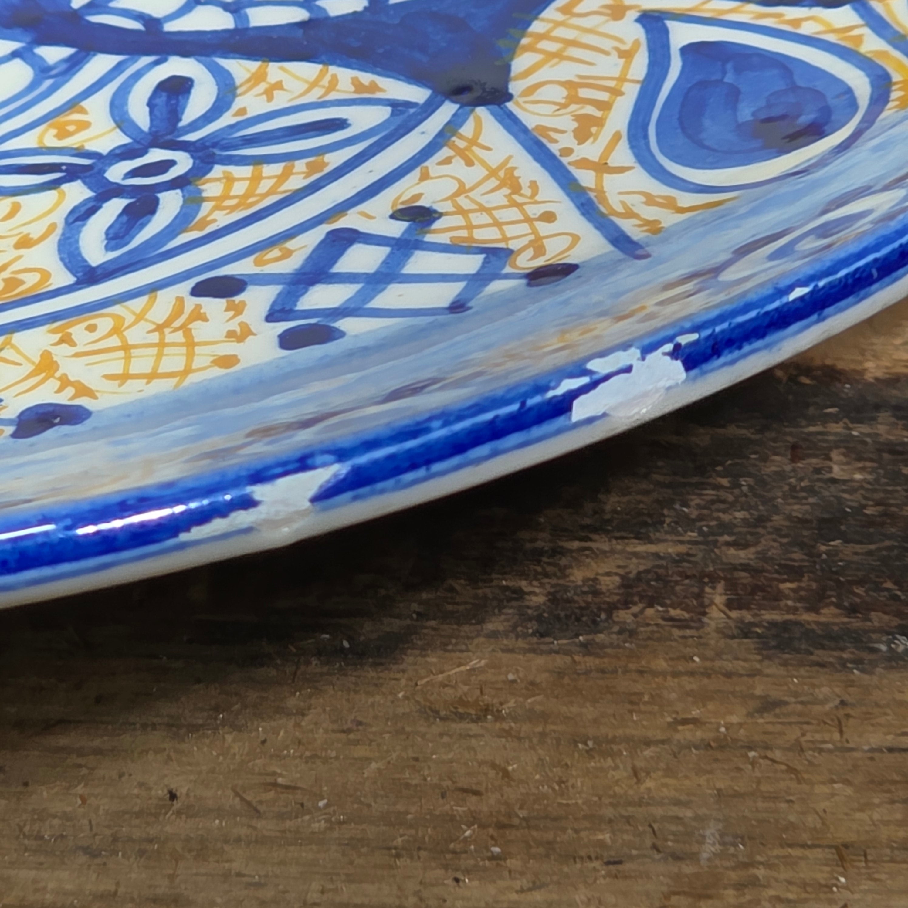 Vintage Fajalauza Granada Spanish Pottery Plate Blue Yellow Hand Painted Birds 9"
