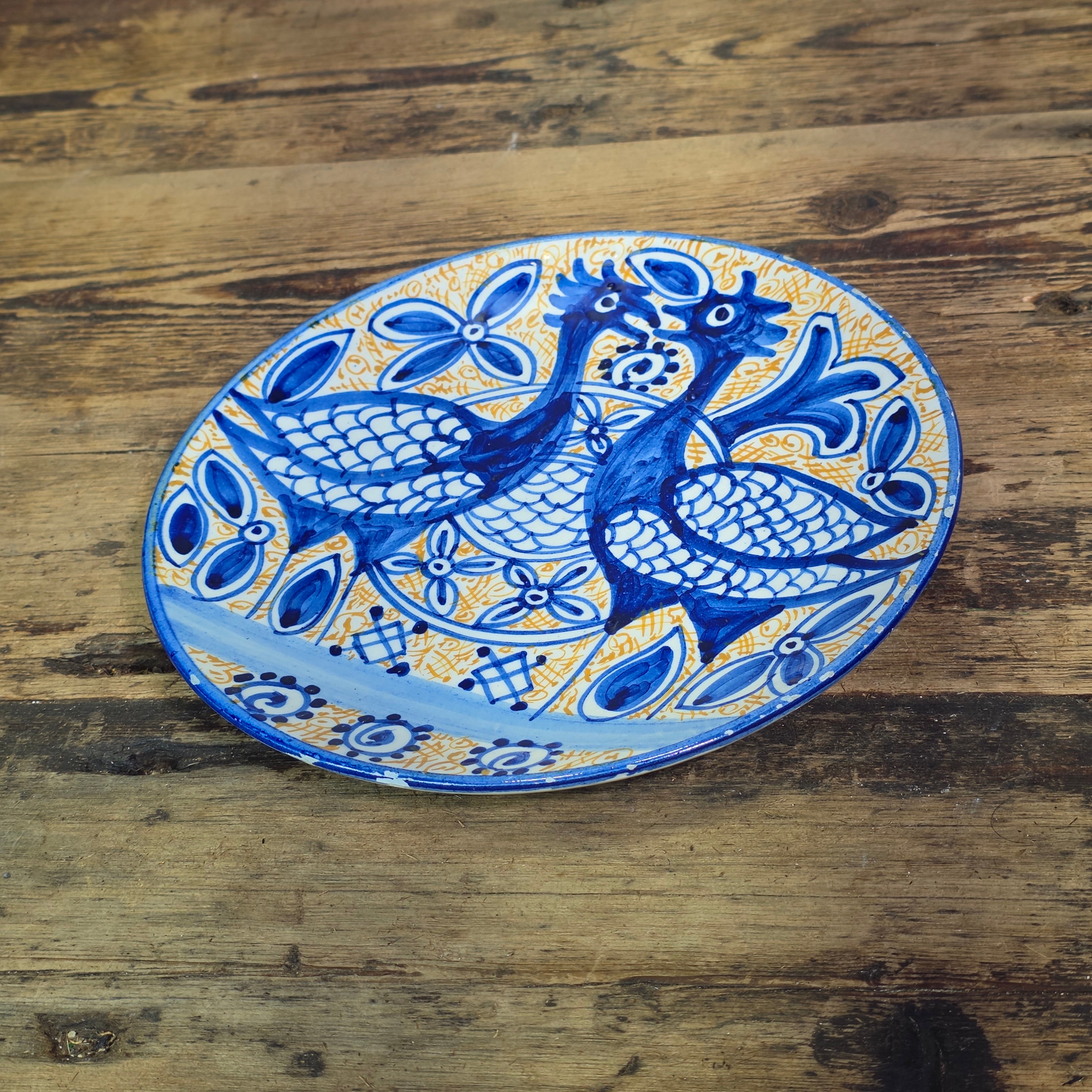 Vintage Fajalauza Granada Spanish Pottery Plate Blue Yellow Hand Painted Birds 9"