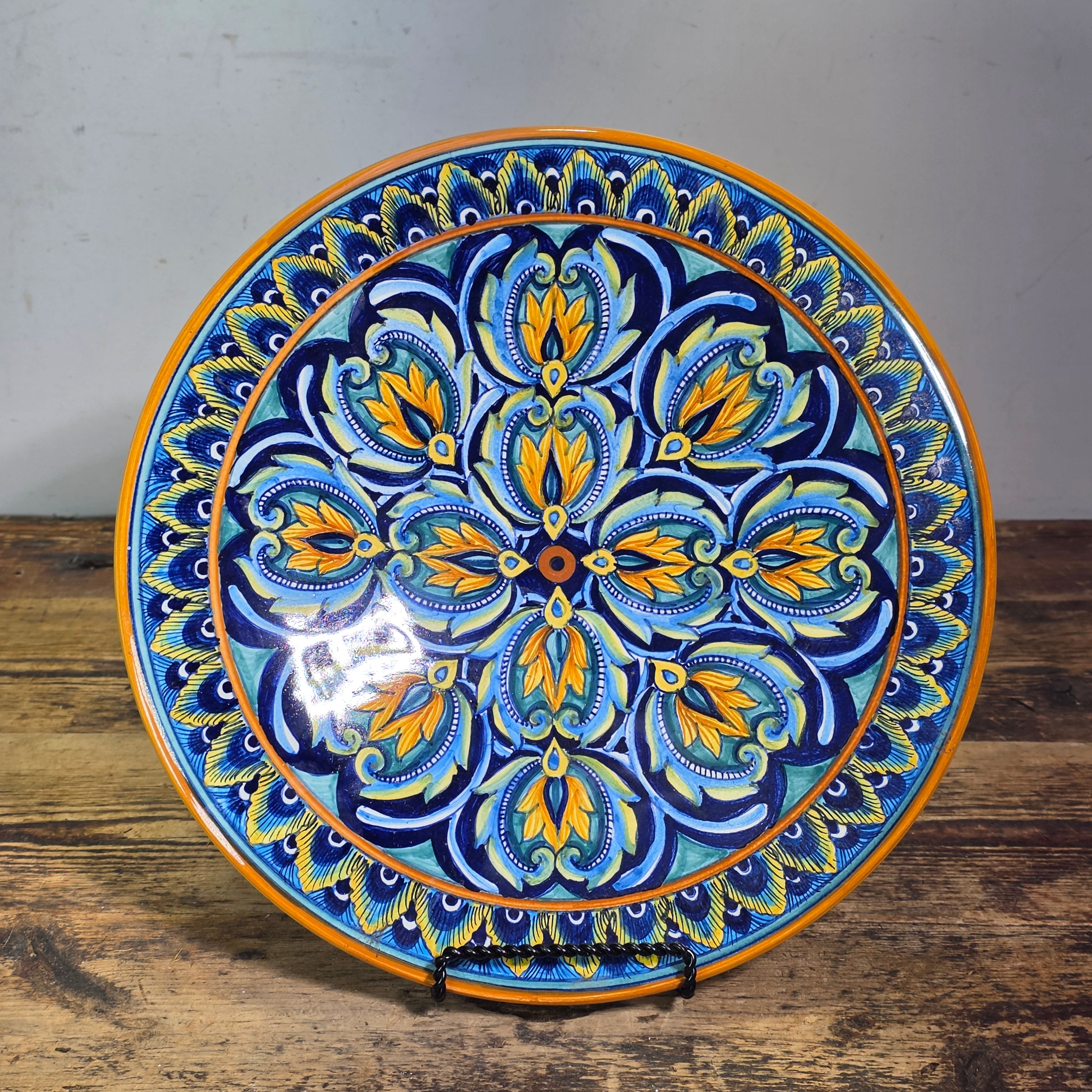 Vintage Deruta Italy Majolica Plate Ricco Peacock Feather Hand Painted Signed 12"