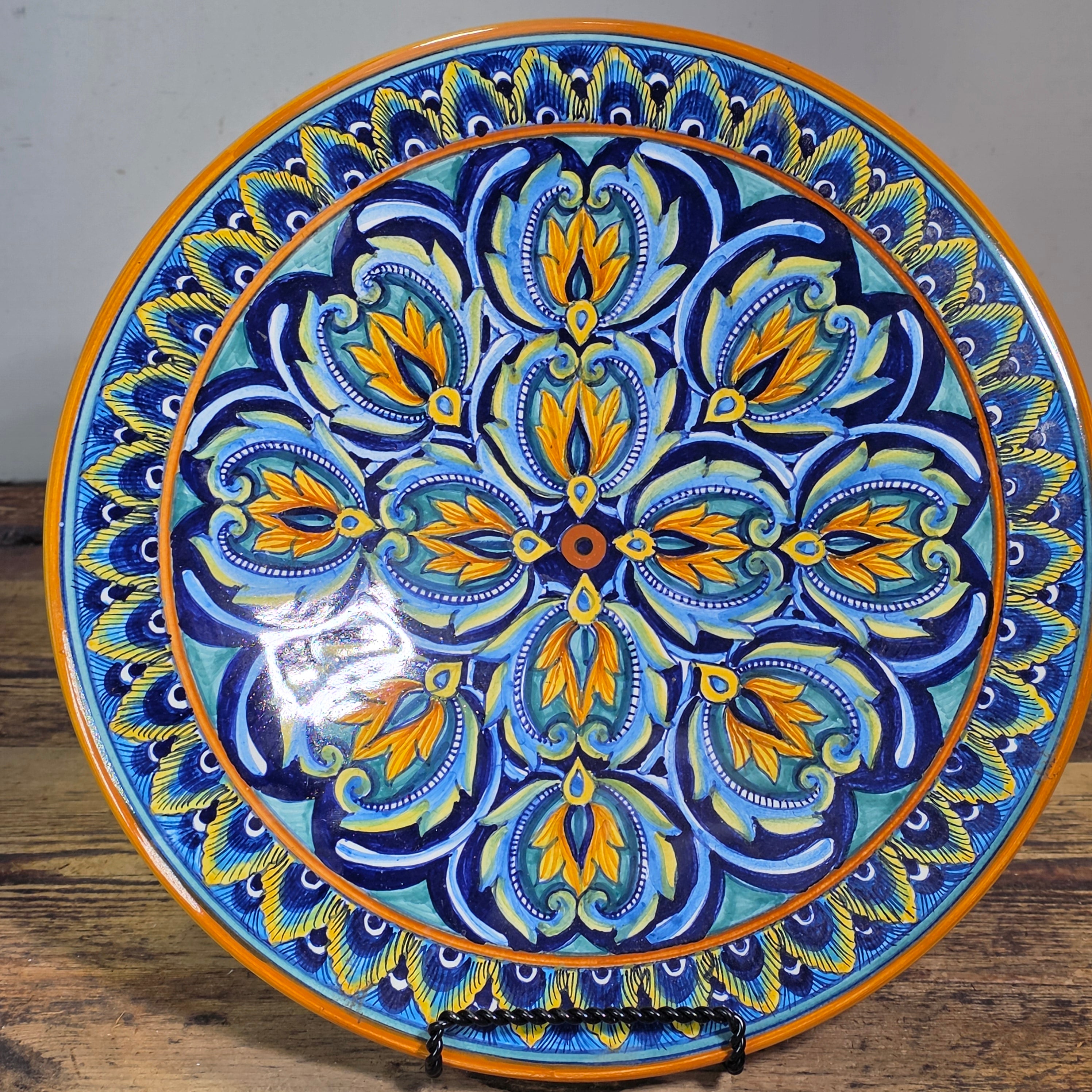 Vintage Deruta Italy Majolica Plate Ricco Peacock Feather Hand Painted Signed 12"