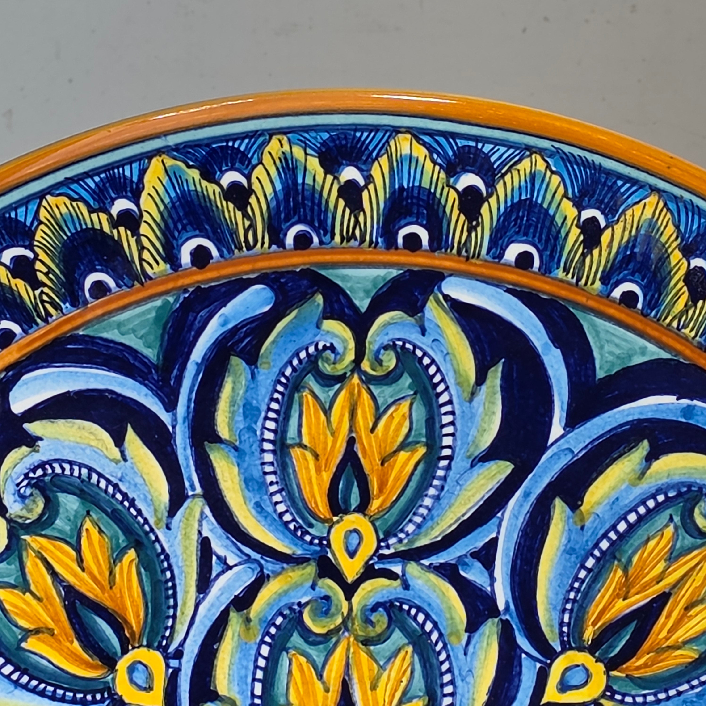 Vintage Deruta Italy Majolica Plate Ricco Peacock Feather Hand Painted Signed 12"