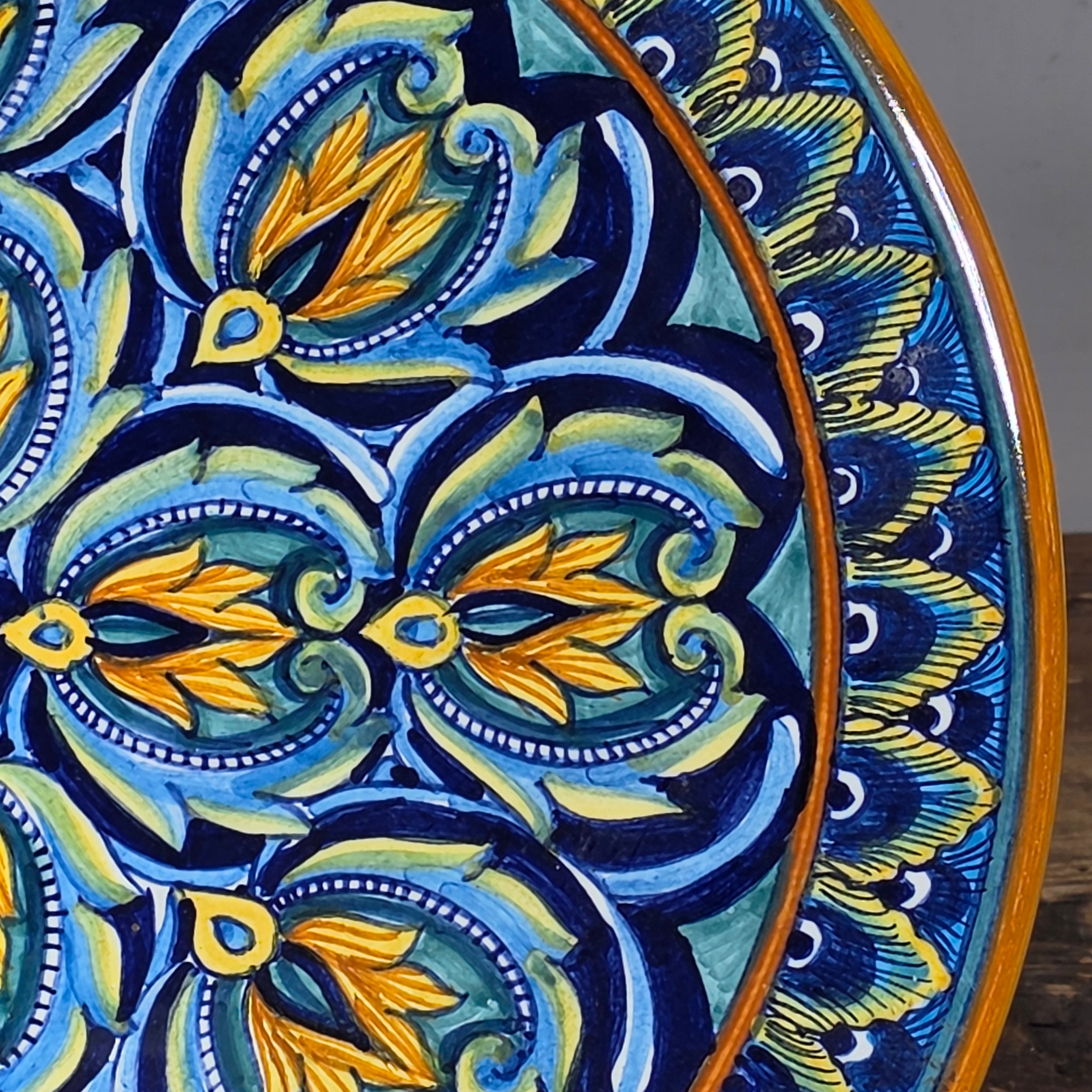 Vintage Deruta Italy Majolica Plate Ricco Peacock Feather Hand Painted Signed 12"