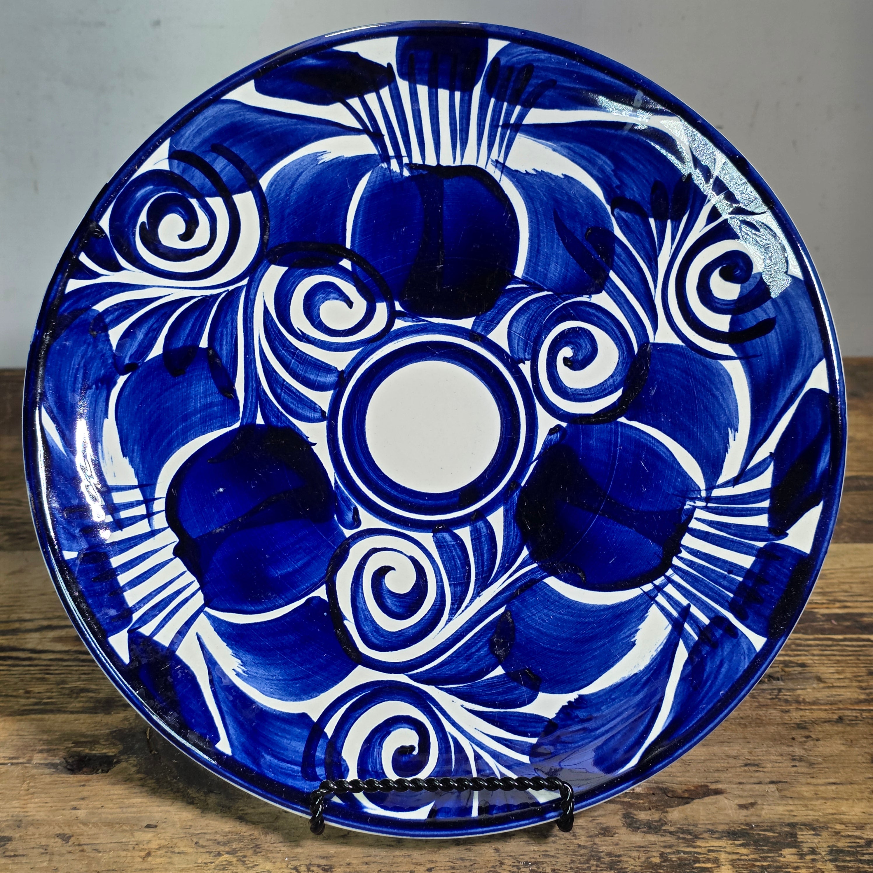 Vintage Mexican Talavera Pottery Dinner Plates Set 4 Cobalt Blue White Hand Painted 11"