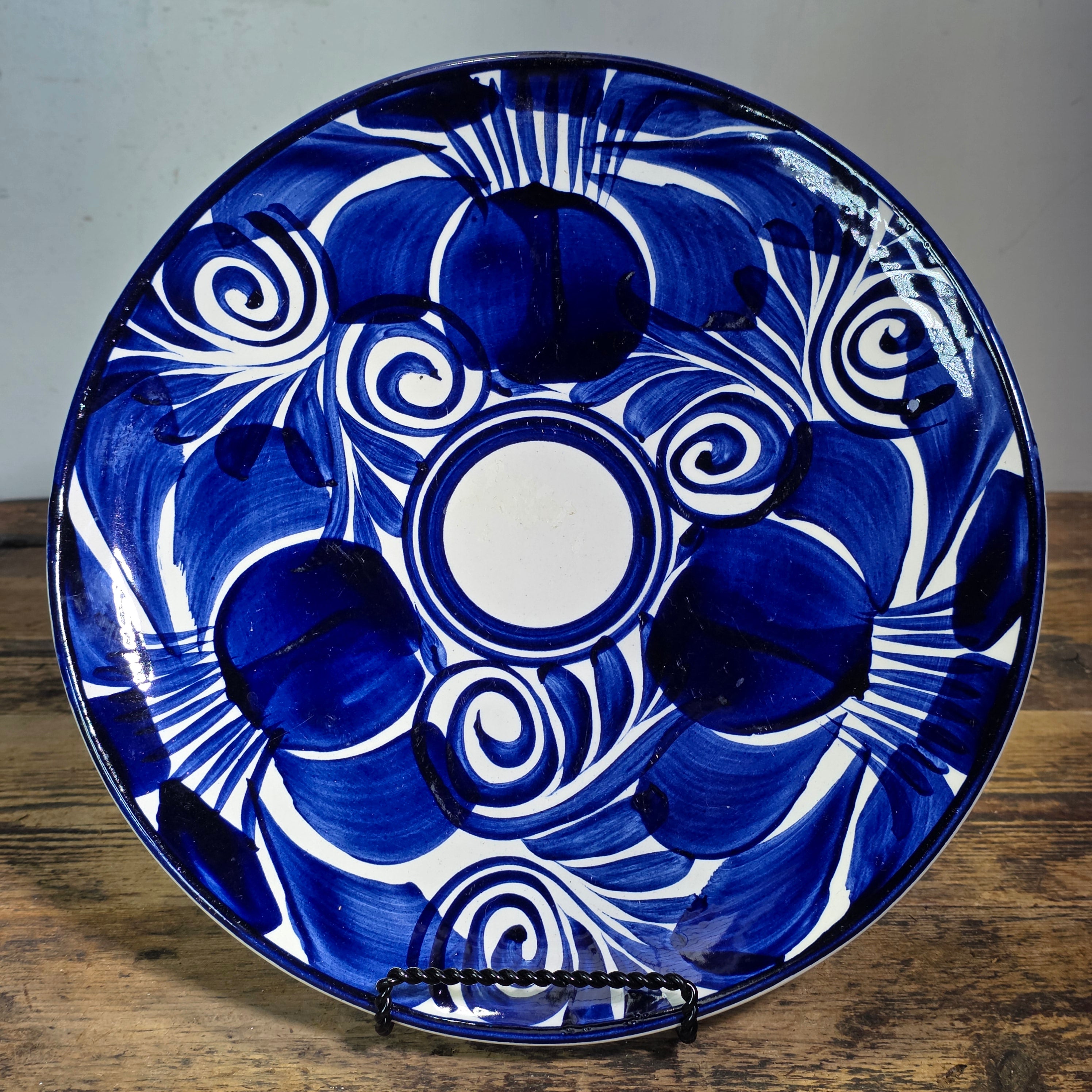 Vintage Mexican Talavera Pottery Dinner Plates Set 4 Cobalt Blue White Hand Painted 11"