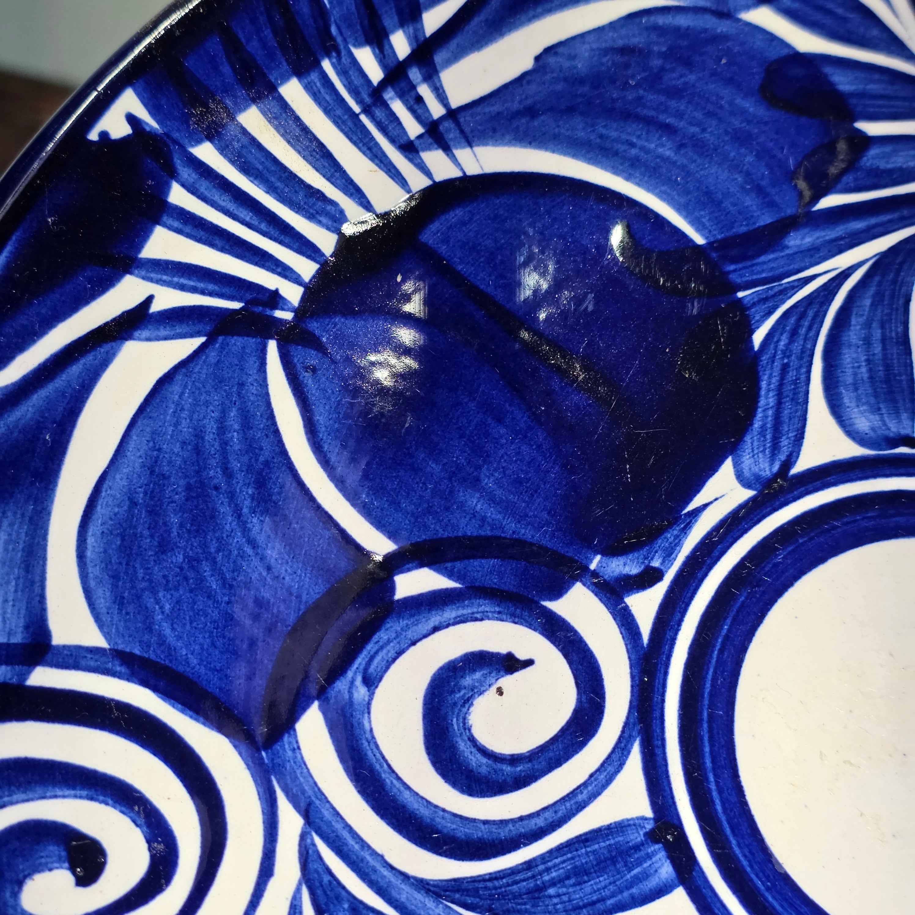 Vintage Mexican Talavera Pottery Dinner Plates Set 4 Cobalt Blue White Hand Painted 11"