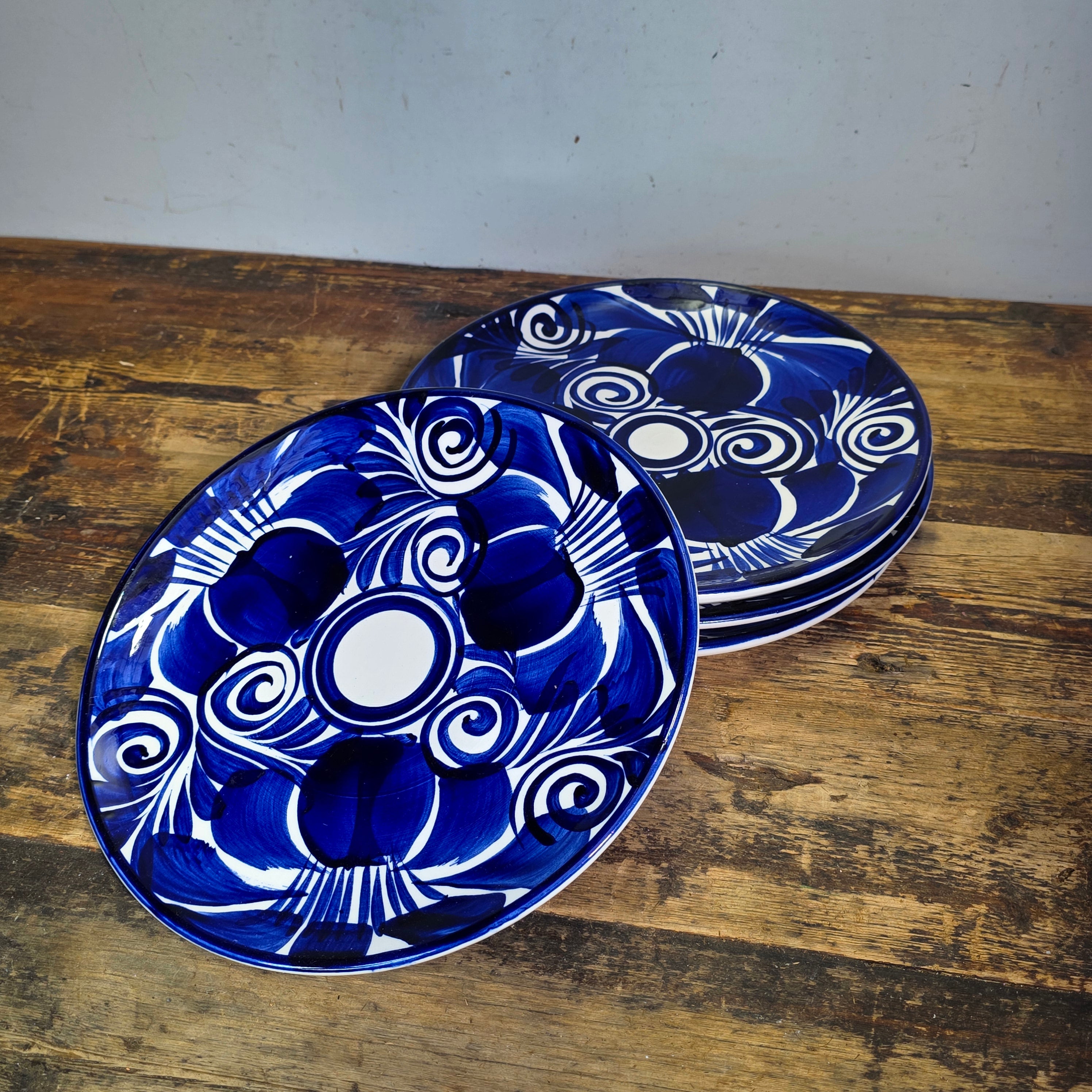 Vintage Mexican Talavera Pottery Dinner Plates Set 4 Cobalt Blue White Hand Painted 11"