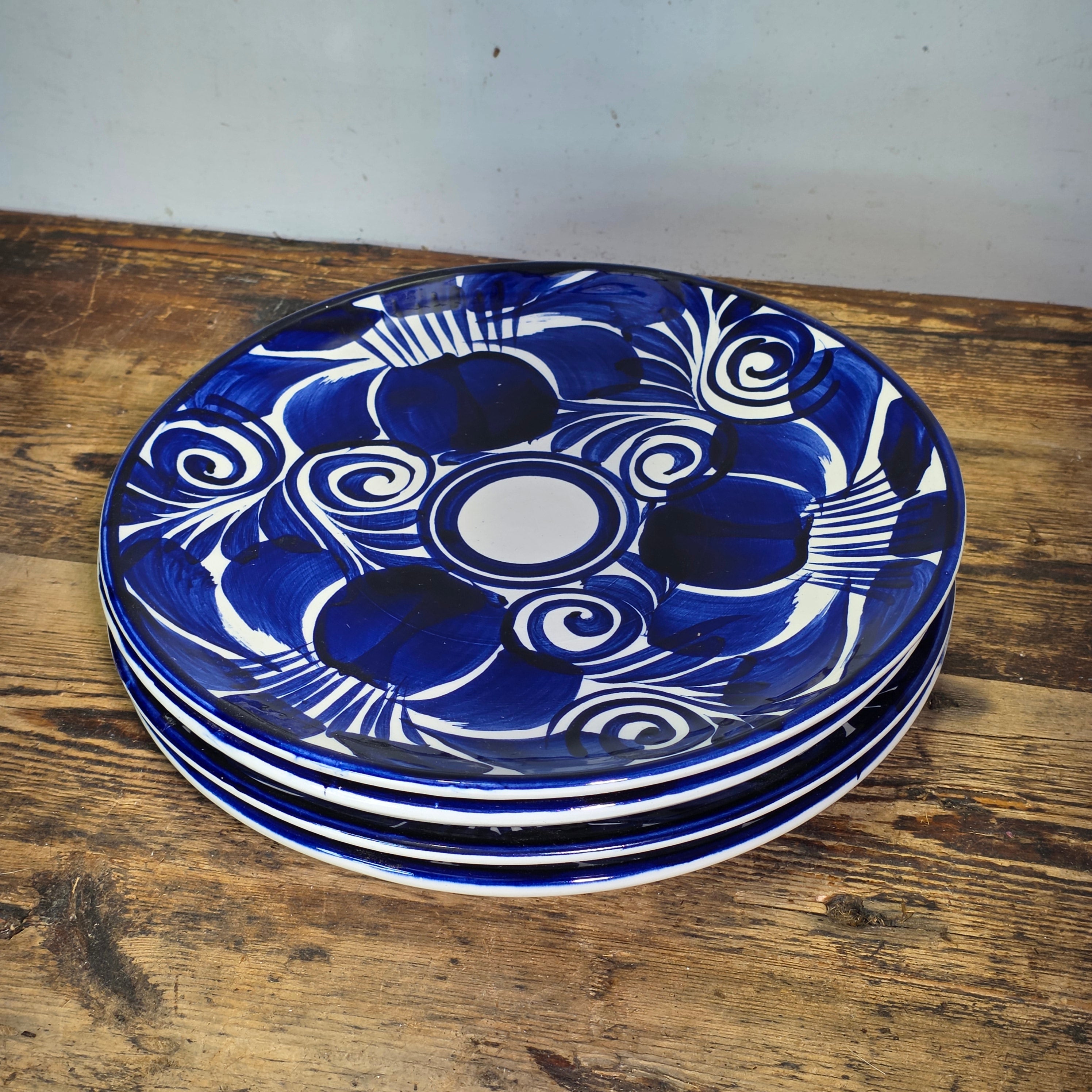 Vintage Mexican Talavera Pottery Dinner Plates Set 4 Cobalt Blue White Hand Painted 11"