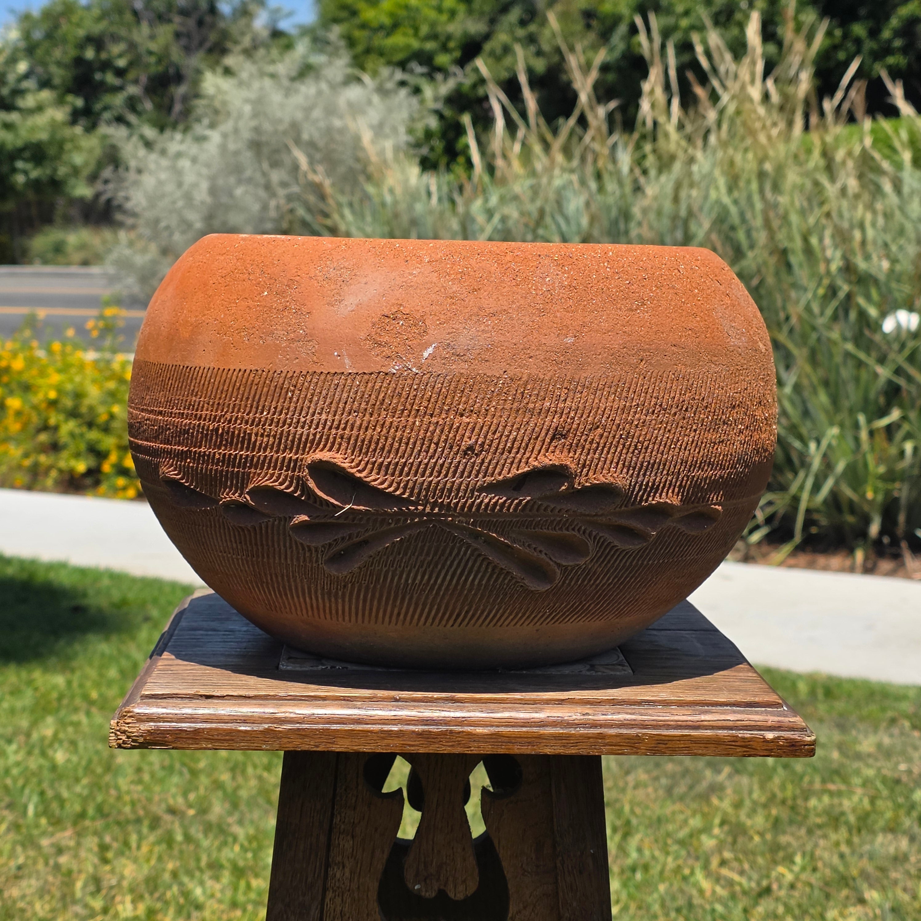 Vintage Terracotta Clay Planter Large Round Flower Pot Primitive Hand Carved 11"