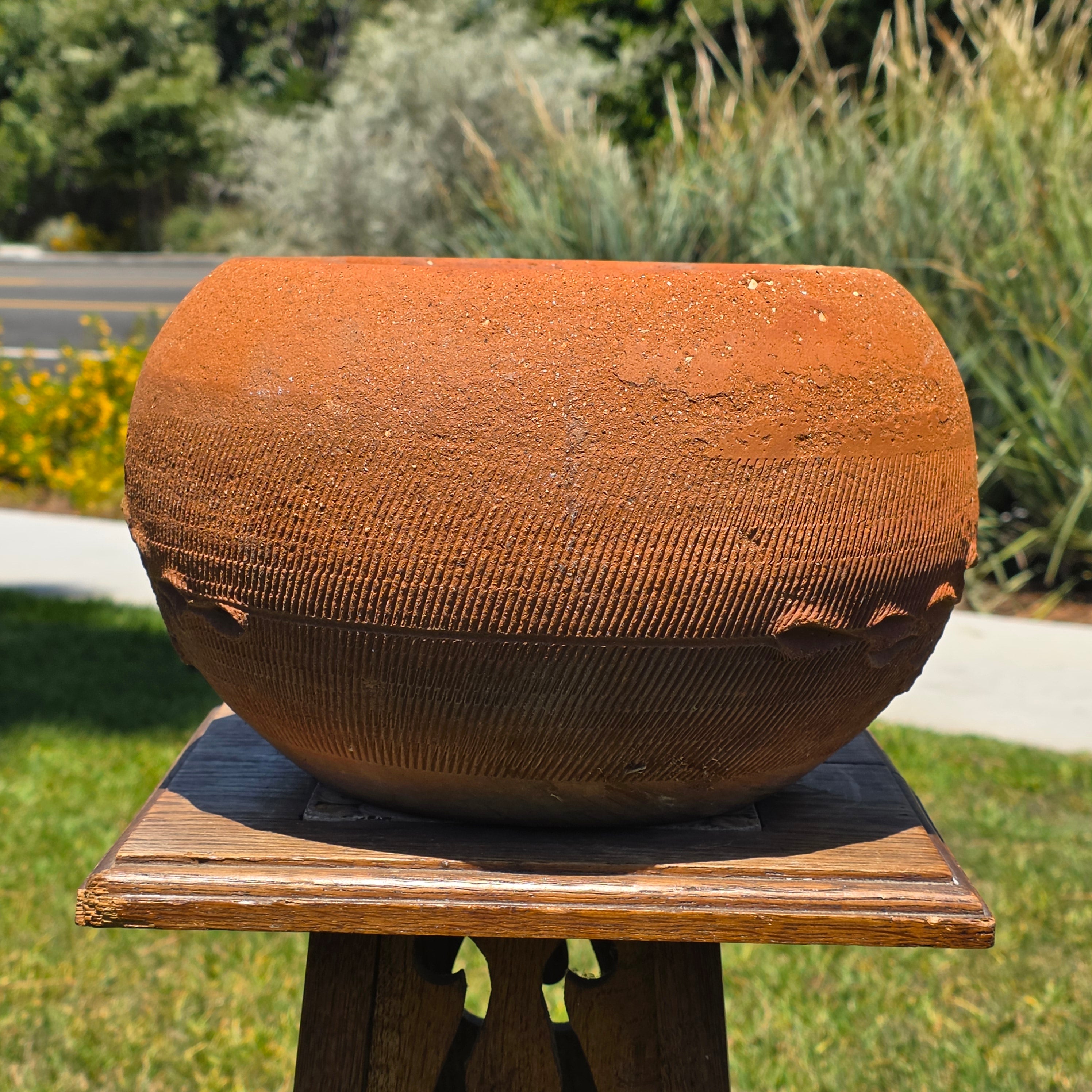 Vintage Terracotta Clay Planter Large Round Flower Pot Primitive Hand Carved 11"