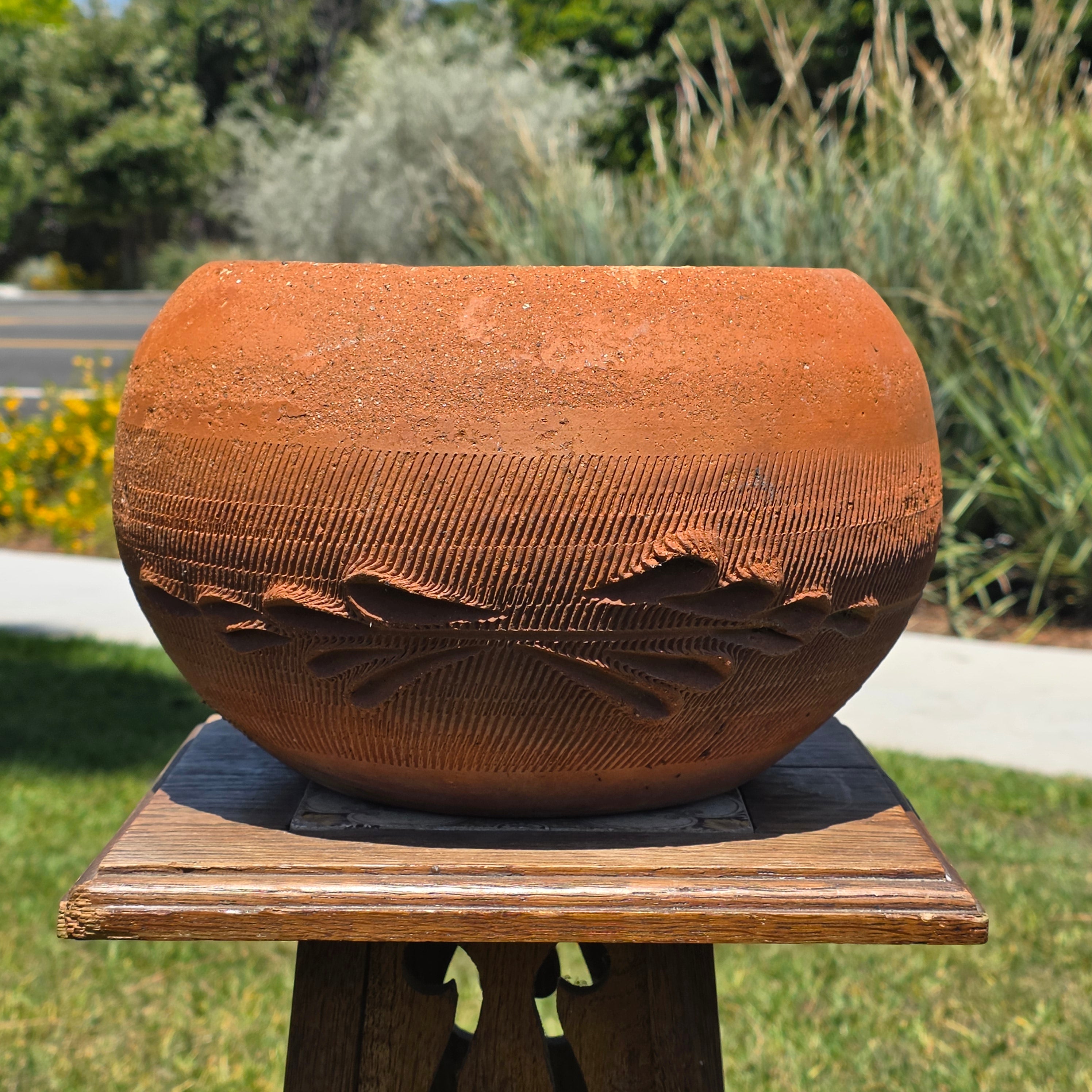 Vintage Terracotta Clay Planter Large Round Flower Pot Primitive Hand Carved 11"
