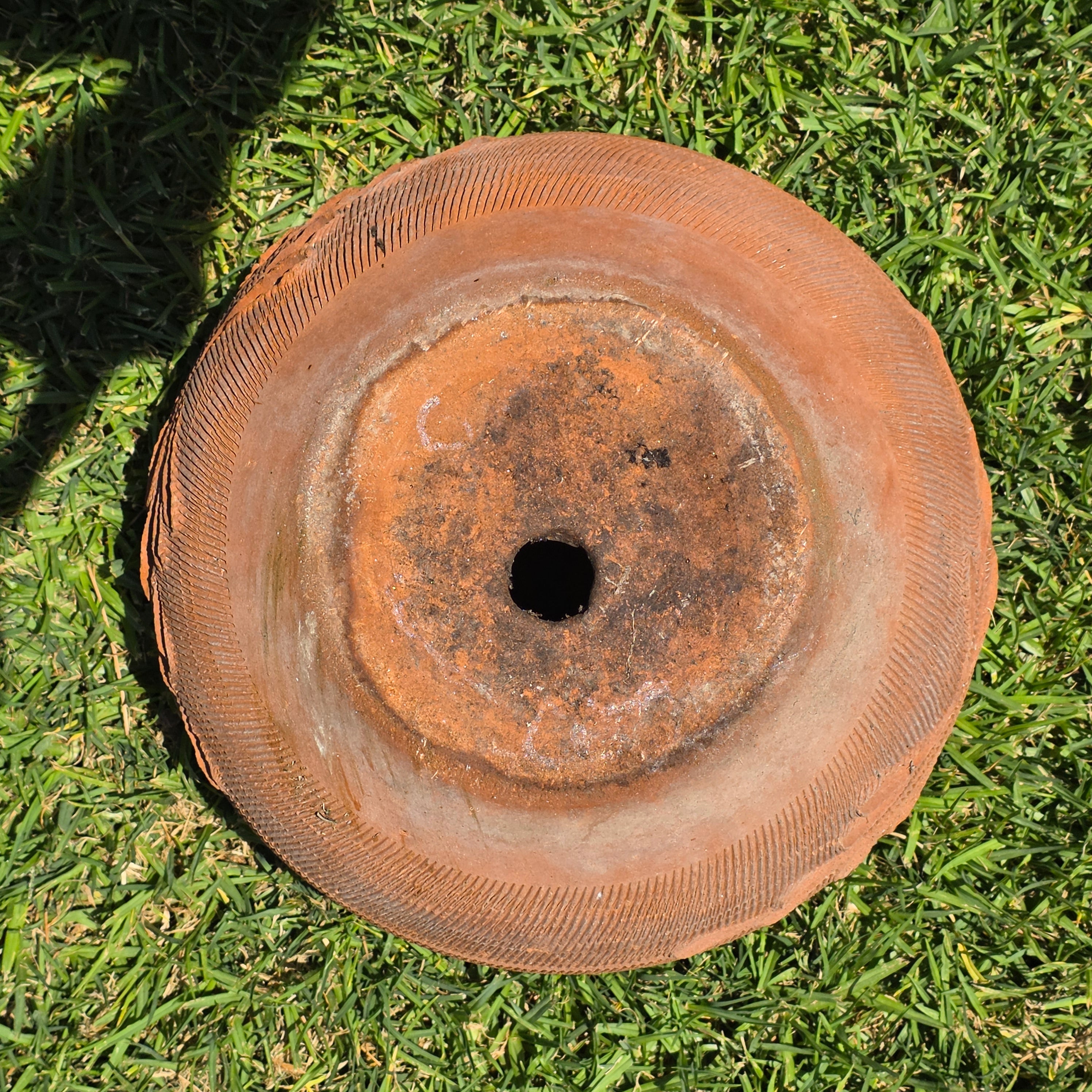 Vintage Terracotta Clay Planter Large Round Flower Pot Primitive Hand Carved 11"