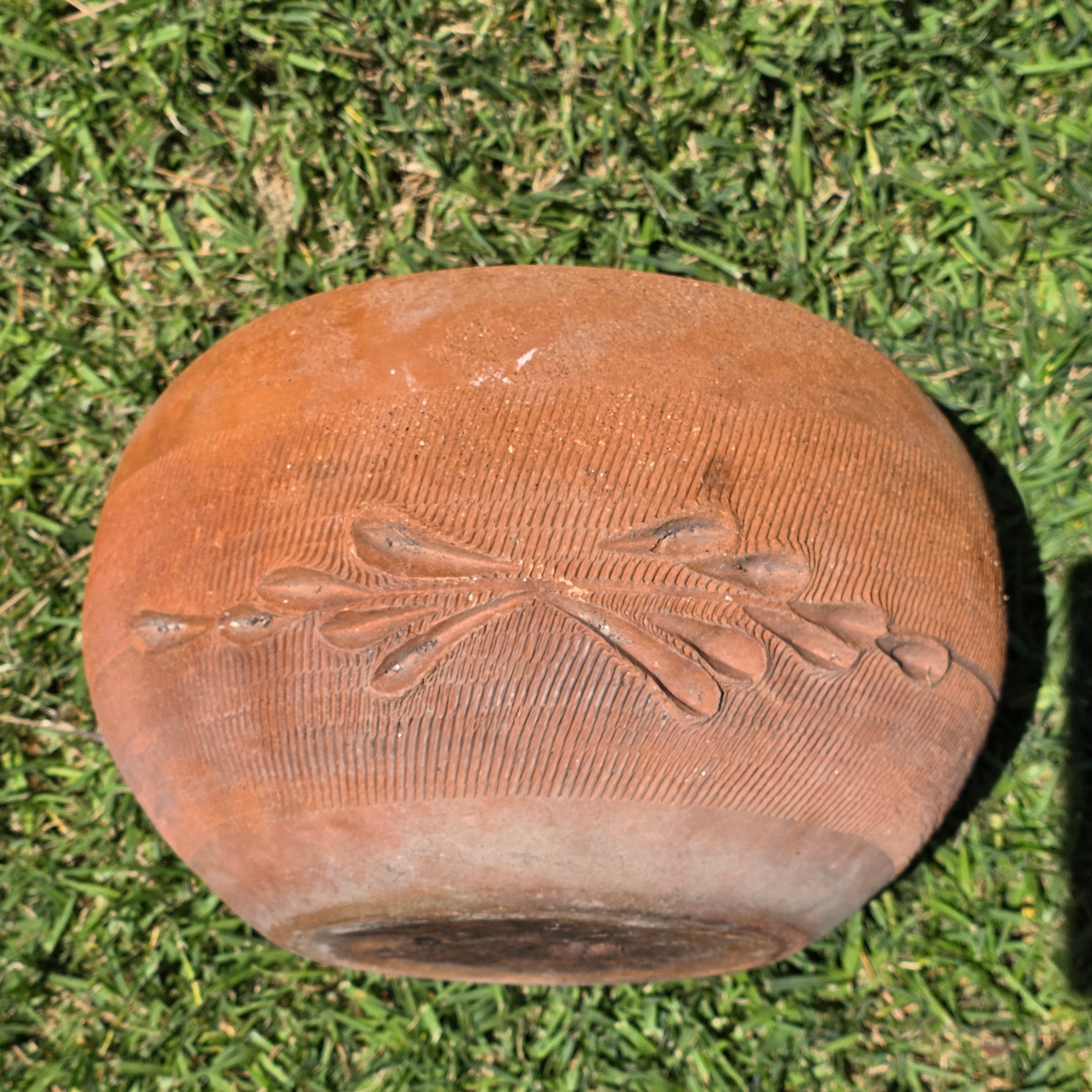 Vintage Terracotta Clay Planter Large Round Flower Pot Primitive Hand Carved 11"