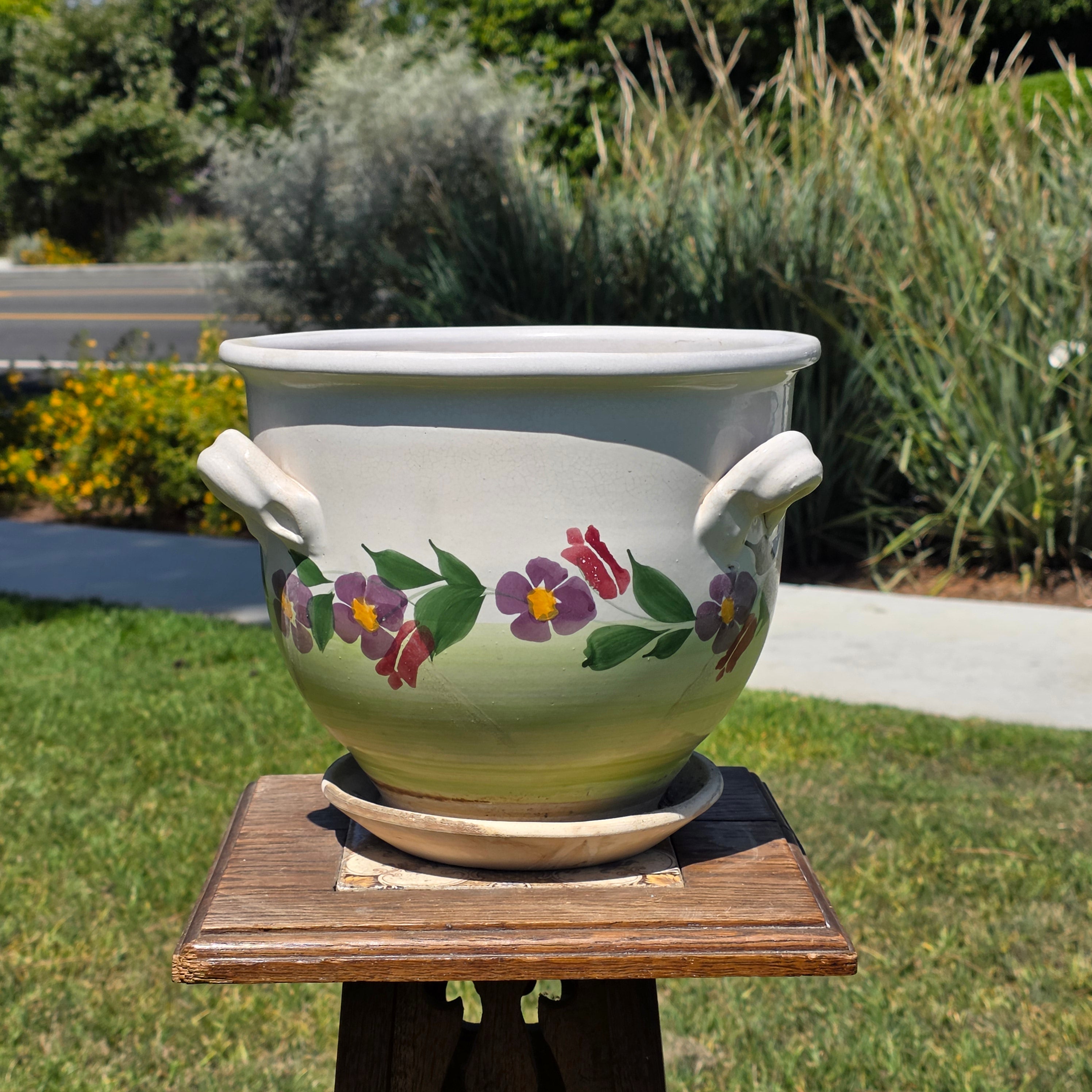 Vintage Majolica Ceramic Planter Attached Saucer Hanging Macrame Rope Pot