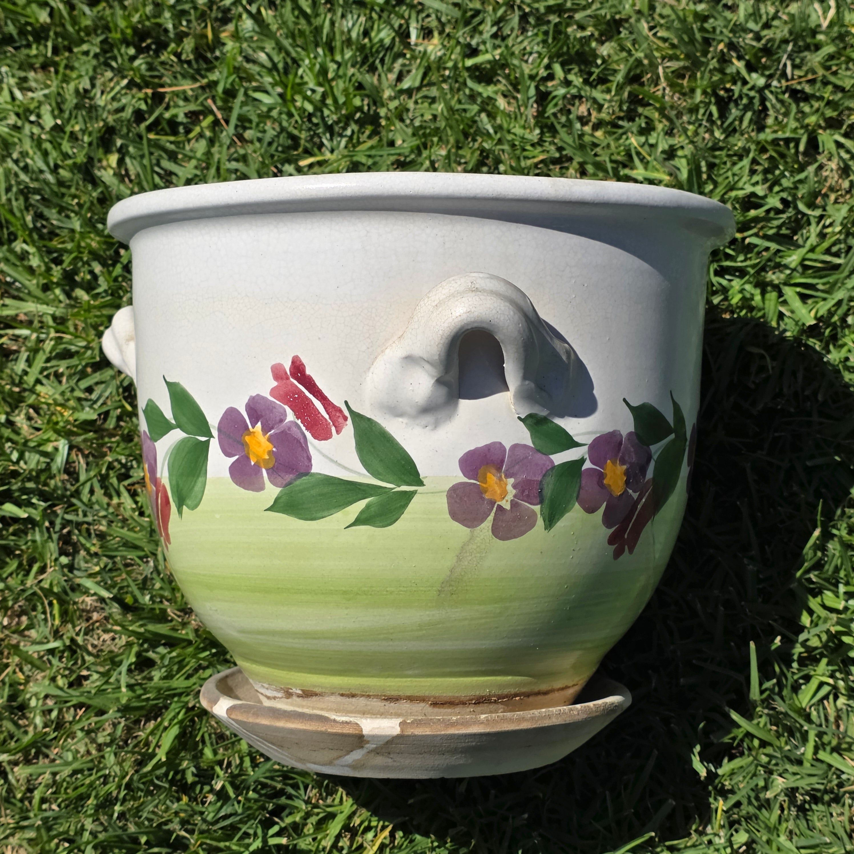 Vintage Majolica Ceramic Planter Attached Saucer Hanging Macrame Rope Pot
