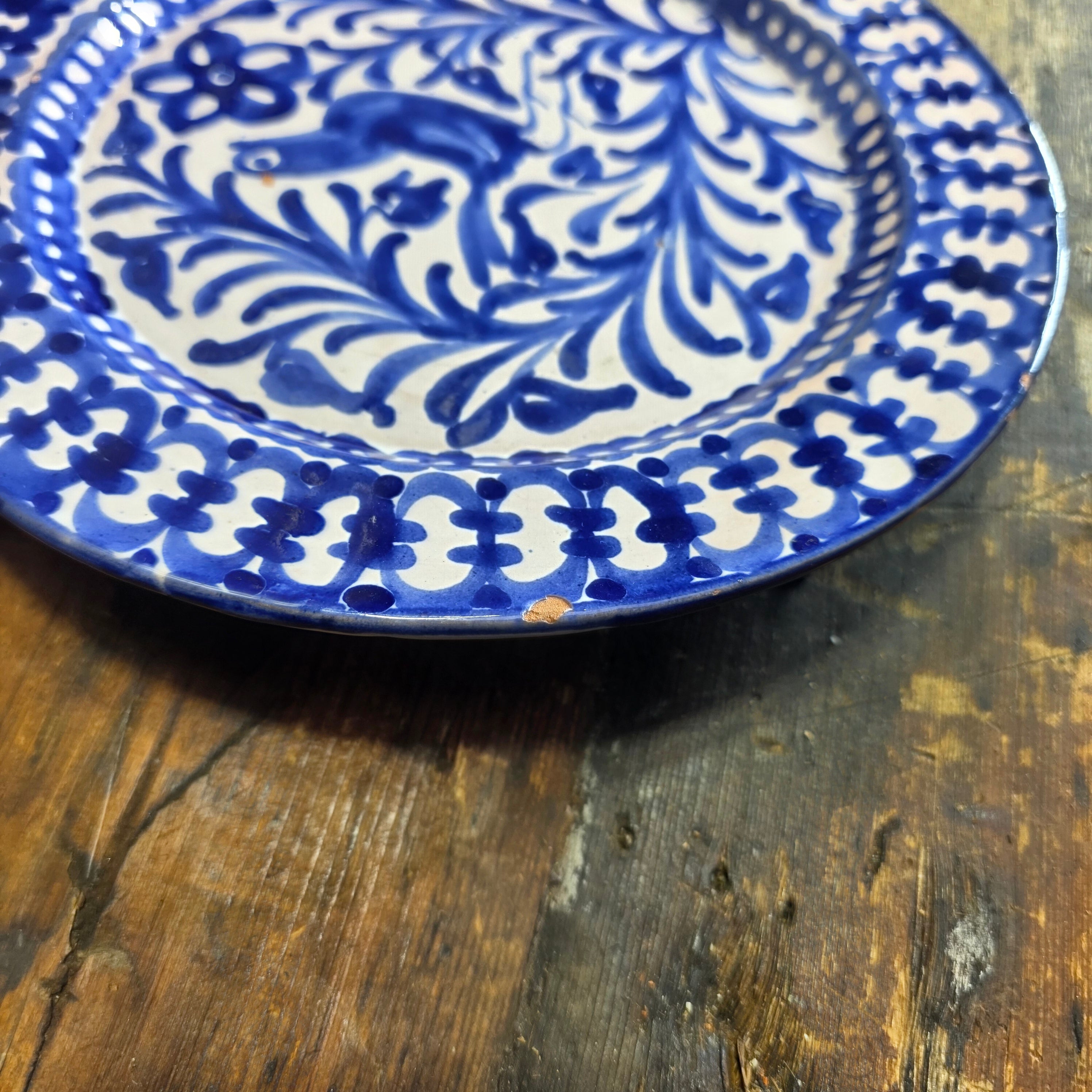 Vintage Fajalauza Granada Spanish Pottery Plate Blue White Bird MMM Morales 9"
