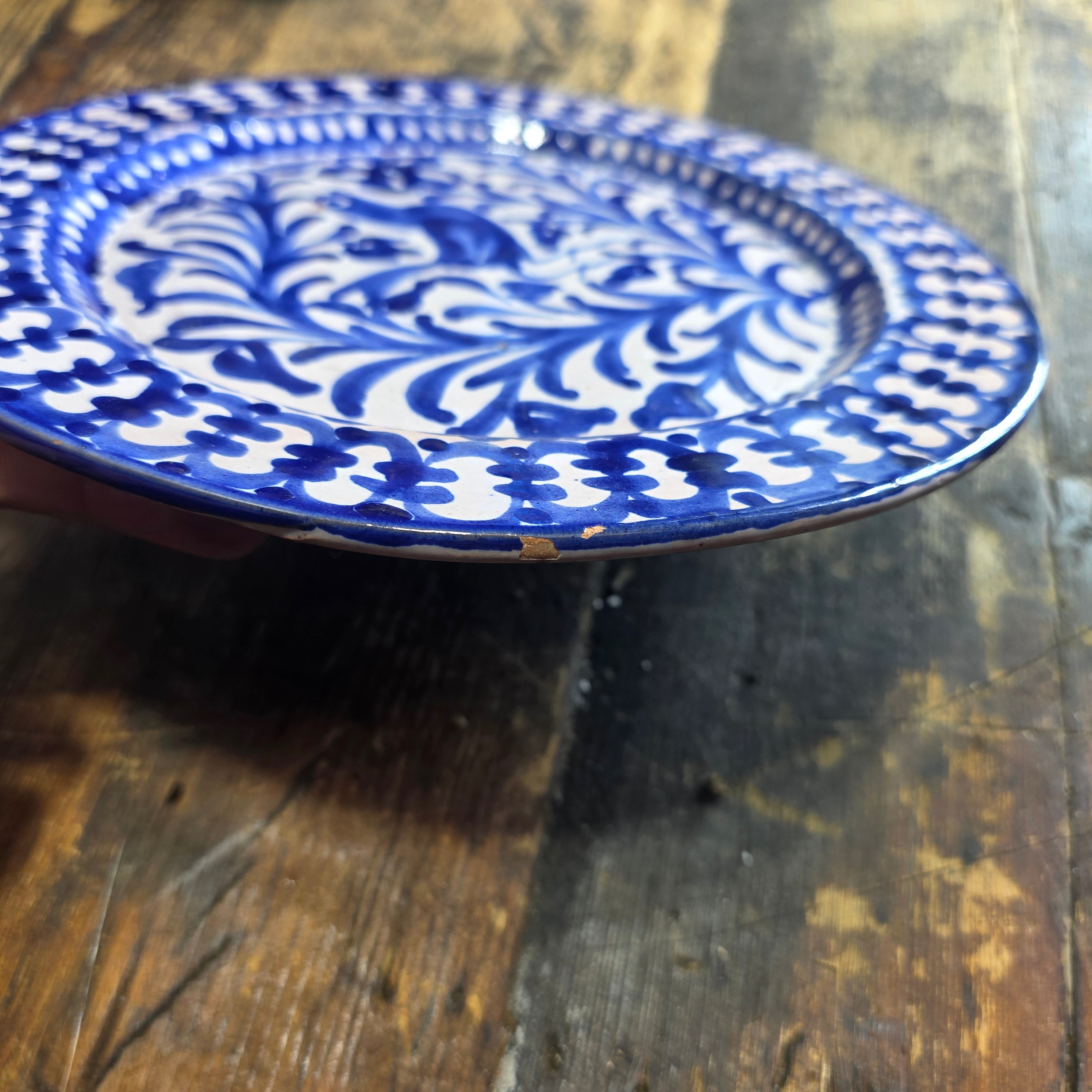 Vintage Fajalauza Granada Spanish Pottery Plate Blue White Bird MMM Morales 9"