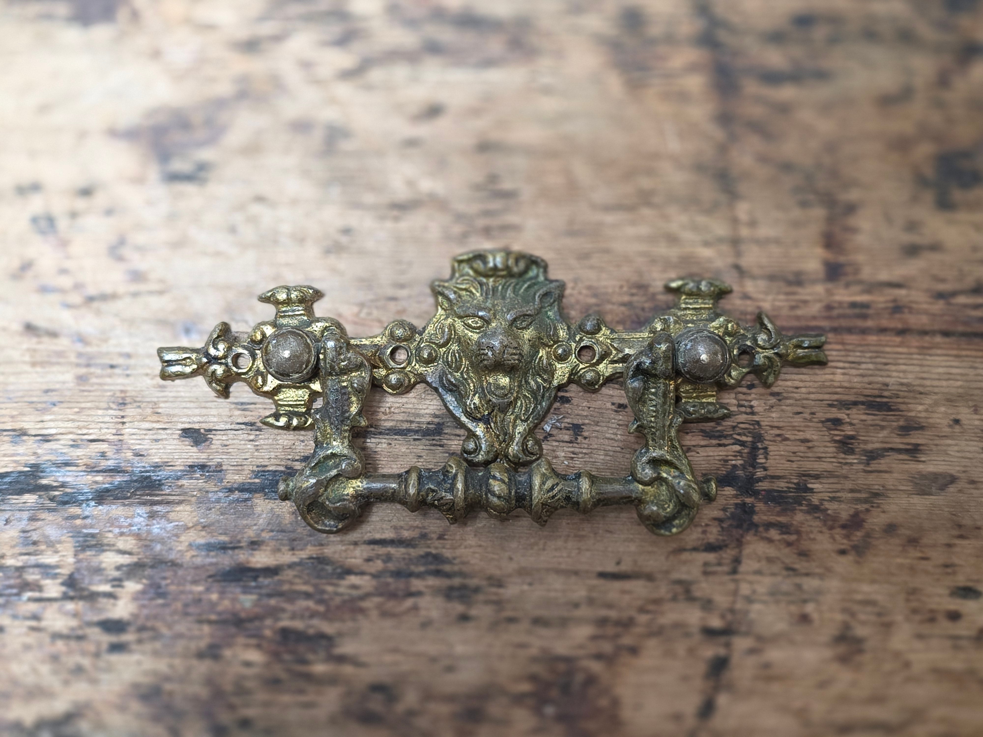 Vintage Brass Lion Head Bail Pull Drawer Handle Knob Mid Century Hardware