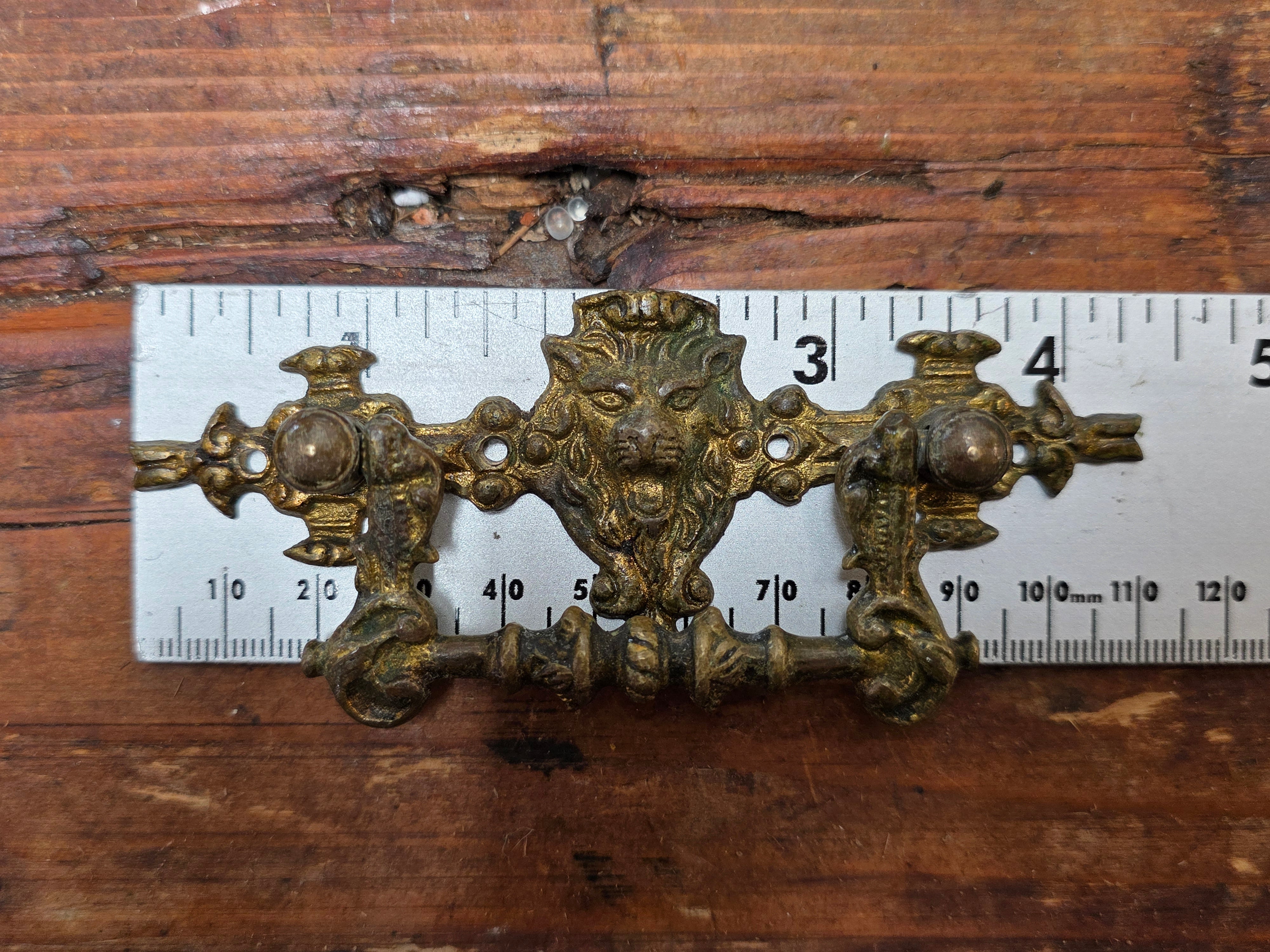 Vintage Brass Lion Head Bail Pull Drawer Handle Knob Mid Century Hardware