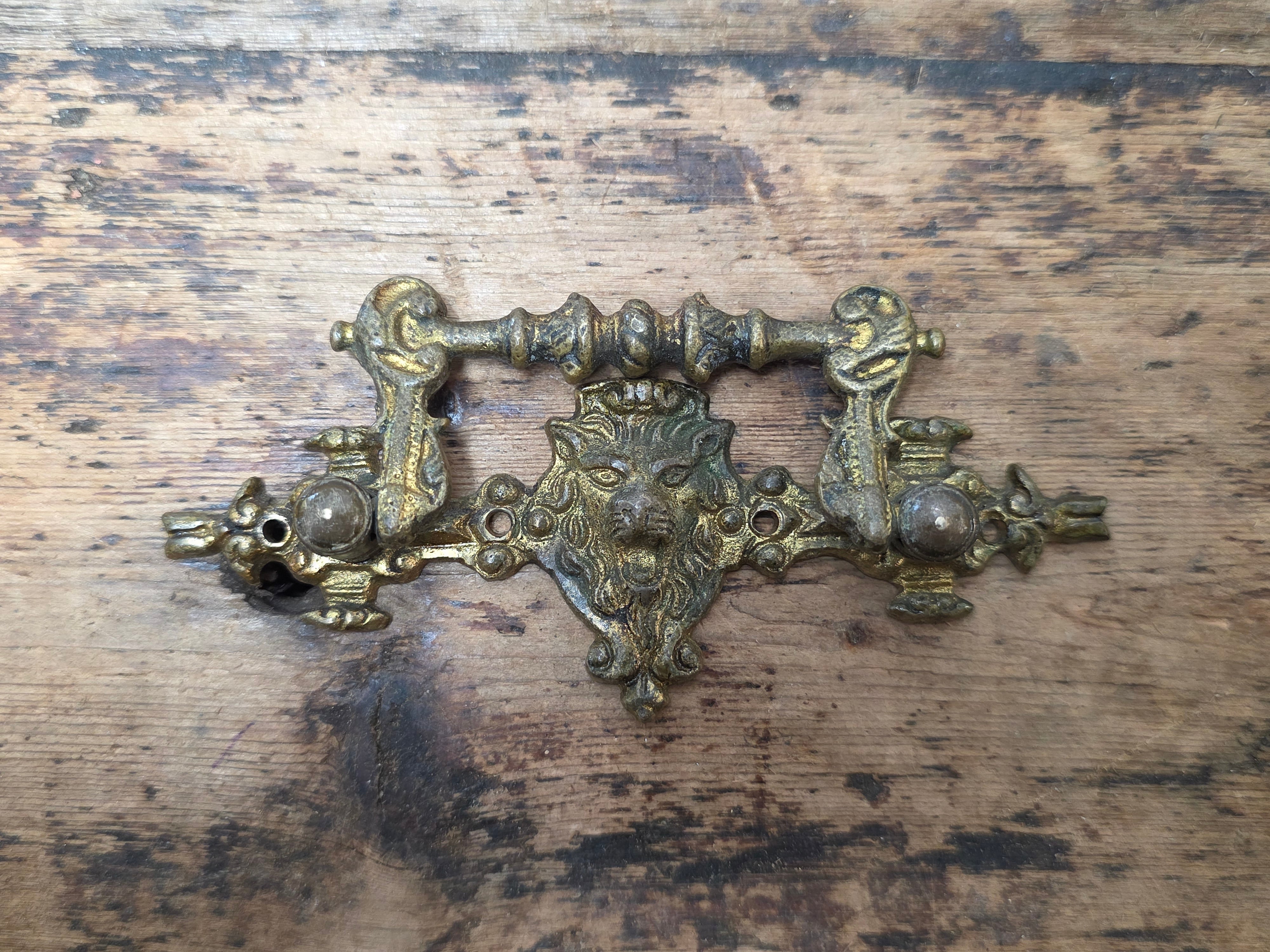 Vintage Brass Lion Head Bail Pull Drawer Handle Knob Mid Century Hardware