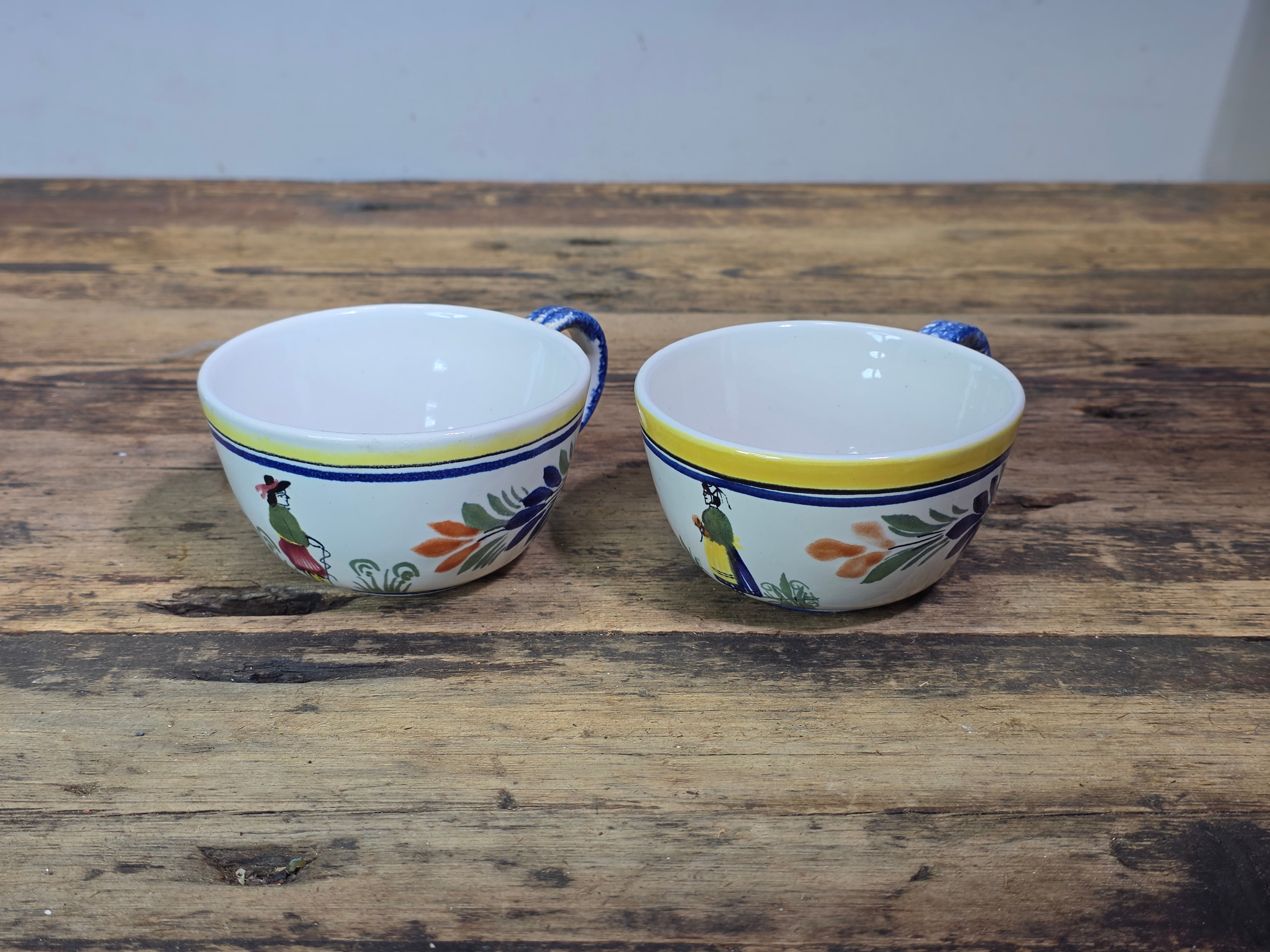 Vintage Henriot Quimper France Flat Cups Set Breton Man Woman 740 760 Yellow Blue