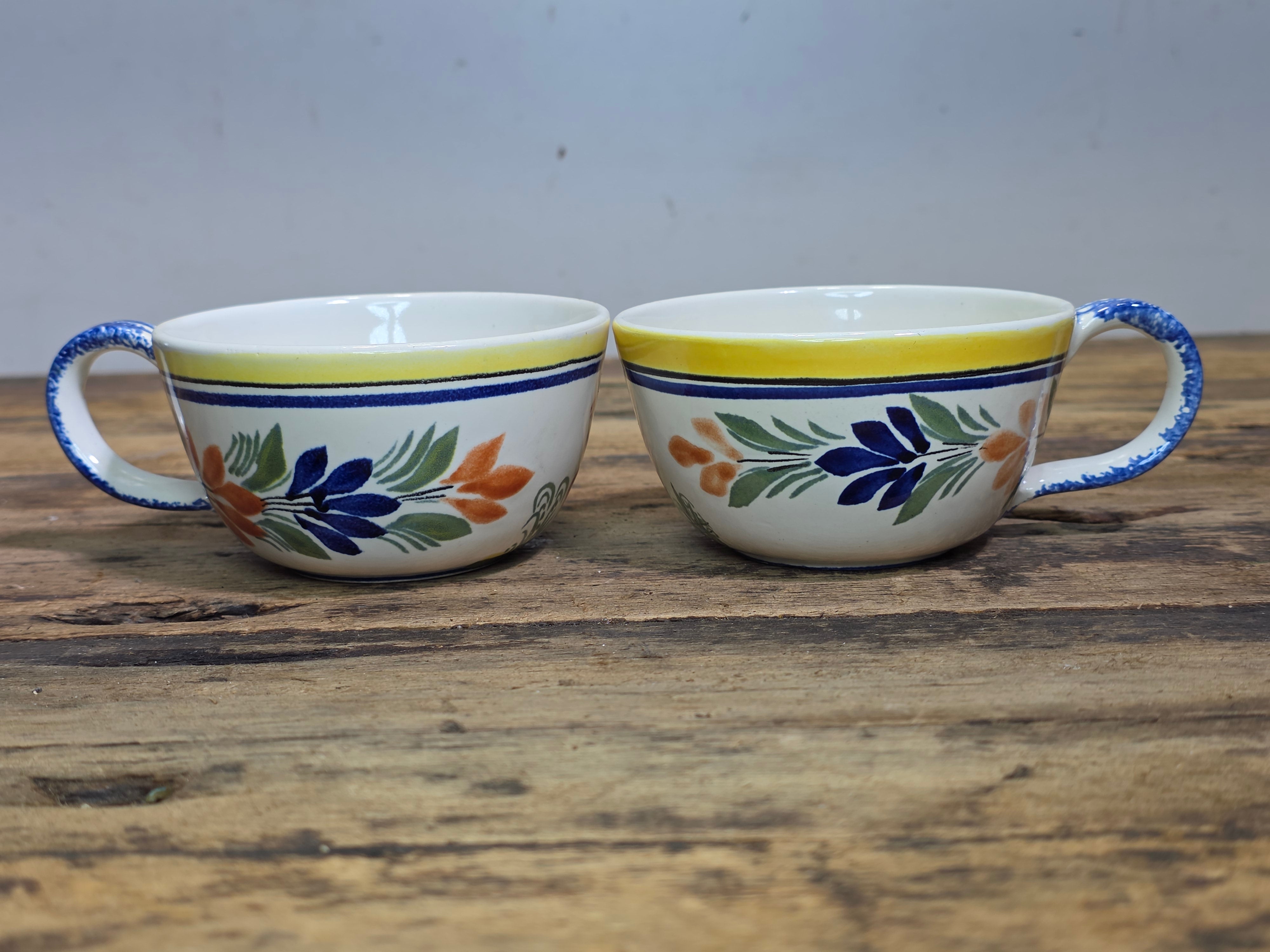 Vintage Henriot Quimper France Flat Cups Set Breton Man Woman 740 760 Yellow Blue