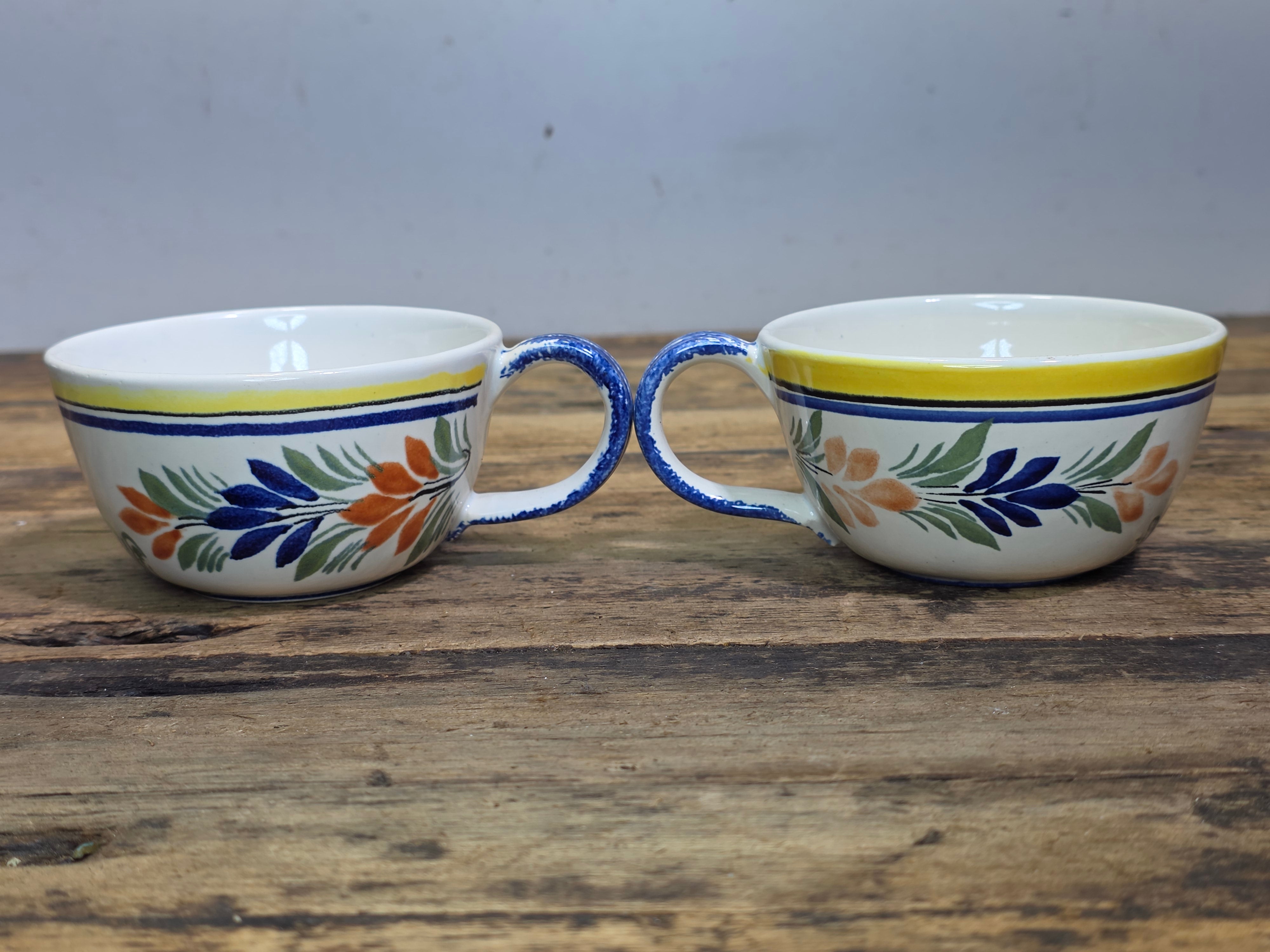 Vintage Henriot Quimper France Flat Cups Set Breton Man Woman 740 760 Yellow Blue