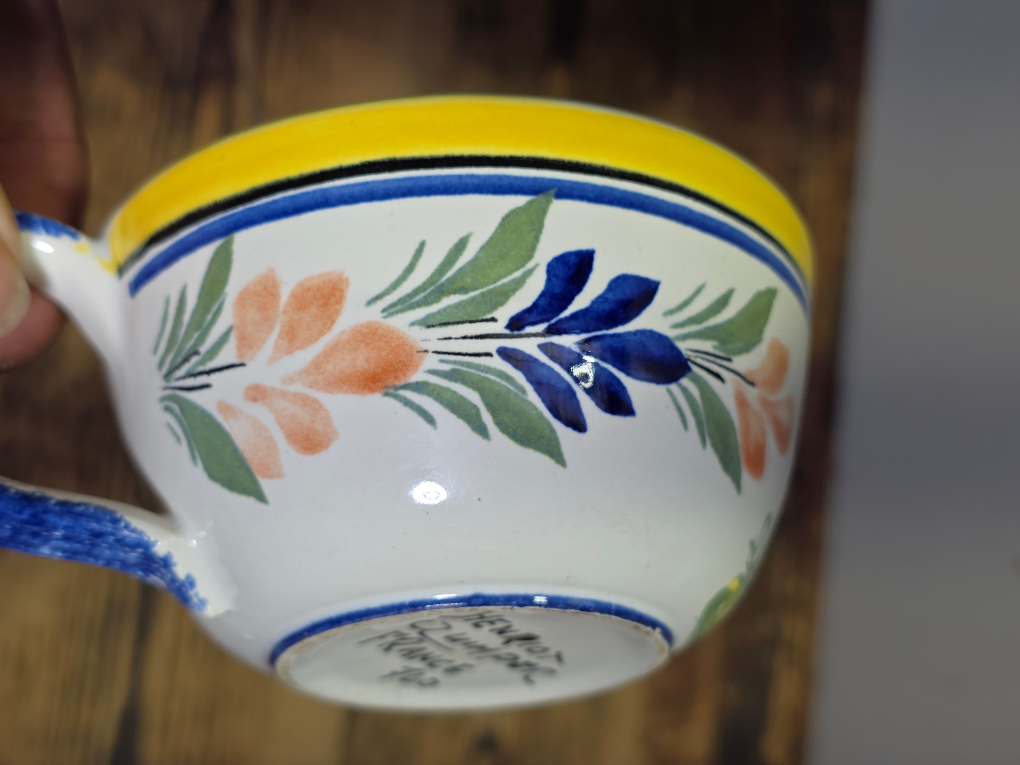 Vintage Henriot Quimper France Flat Cups Set Breton Man Woman 740 760 Yellow Blue
