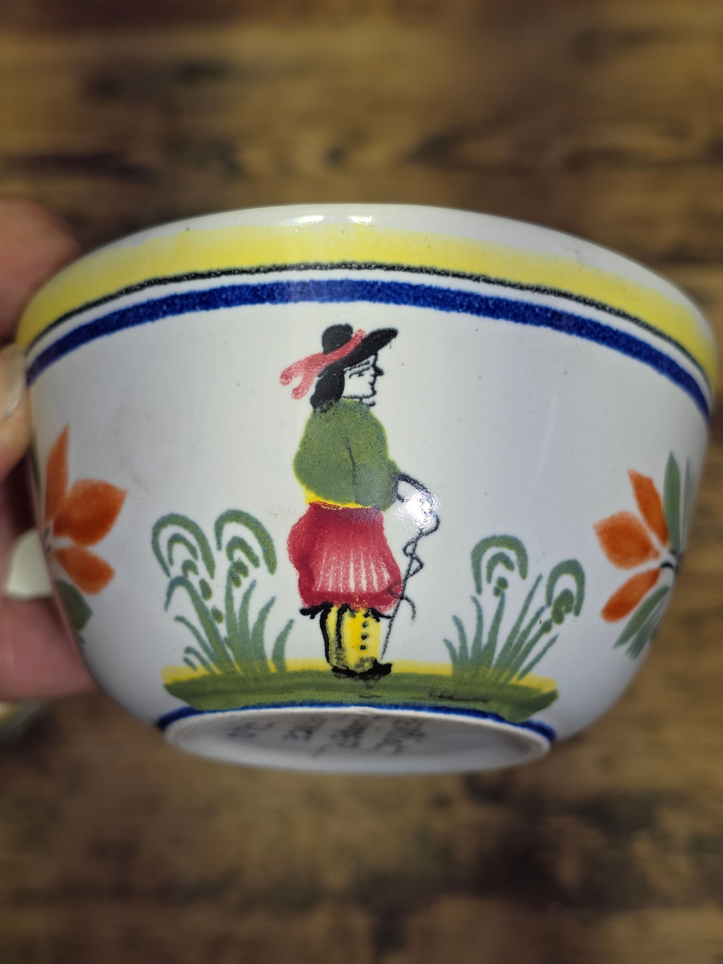 Vintage Henriot Quimper France Flat Cups Set Breton Man Woman 740 760 Yellow Blue
