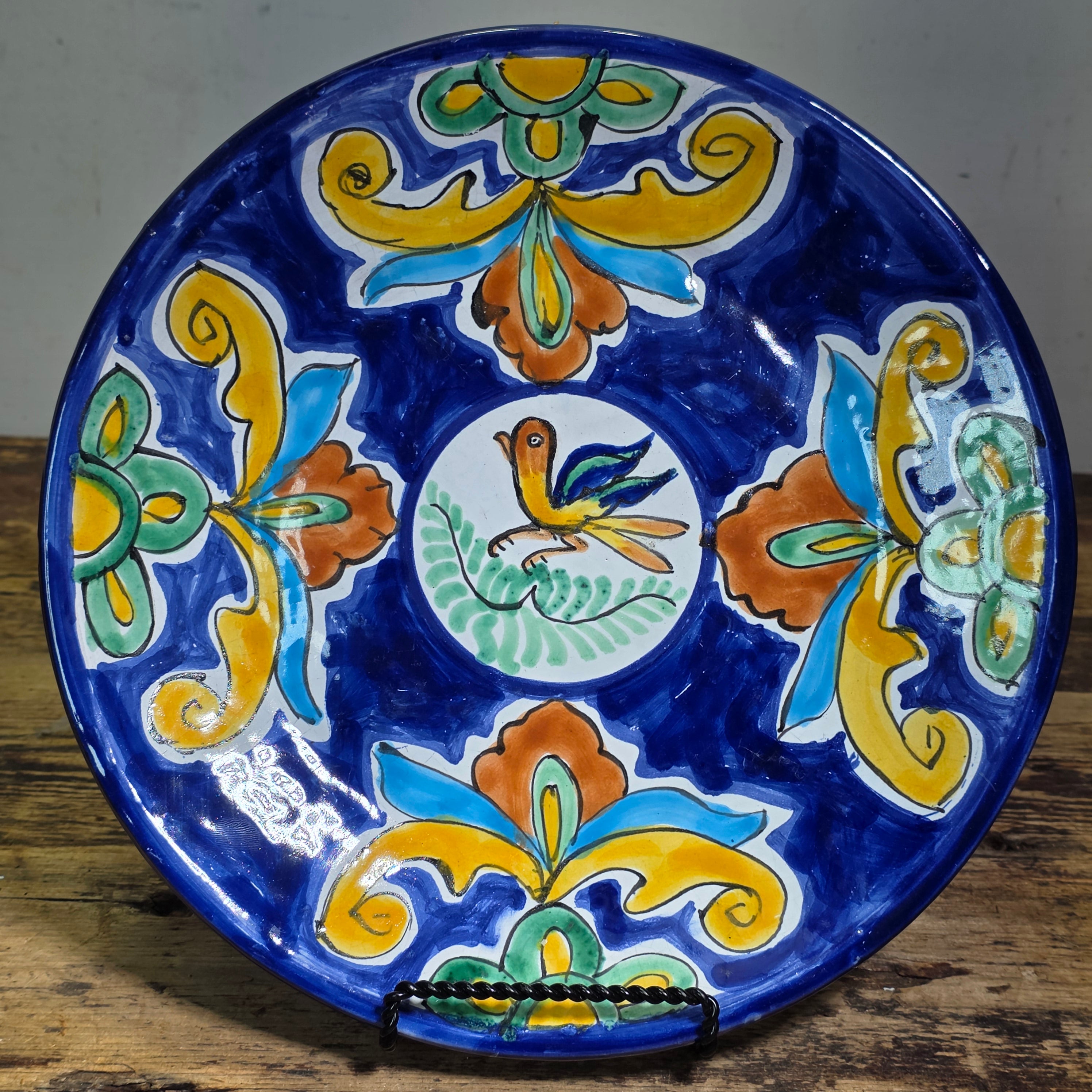 Antique Spanish Manises Majolica Plate 11" Bird Cobalt Blue Yellow Wall Hanging