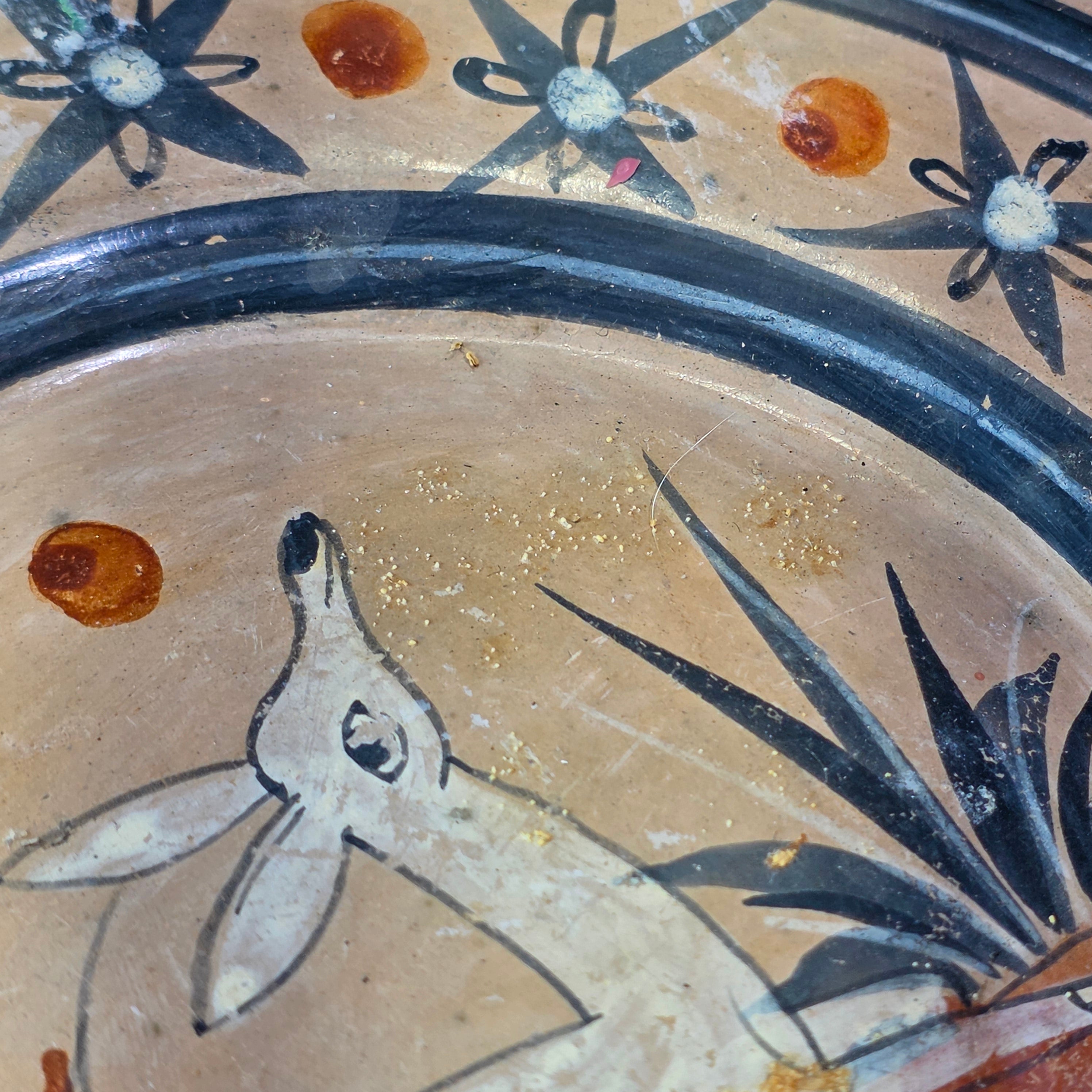 Vintage Tonala Burnished Pottery Plate 8" Mexican Folk Art Clay Deer Platter