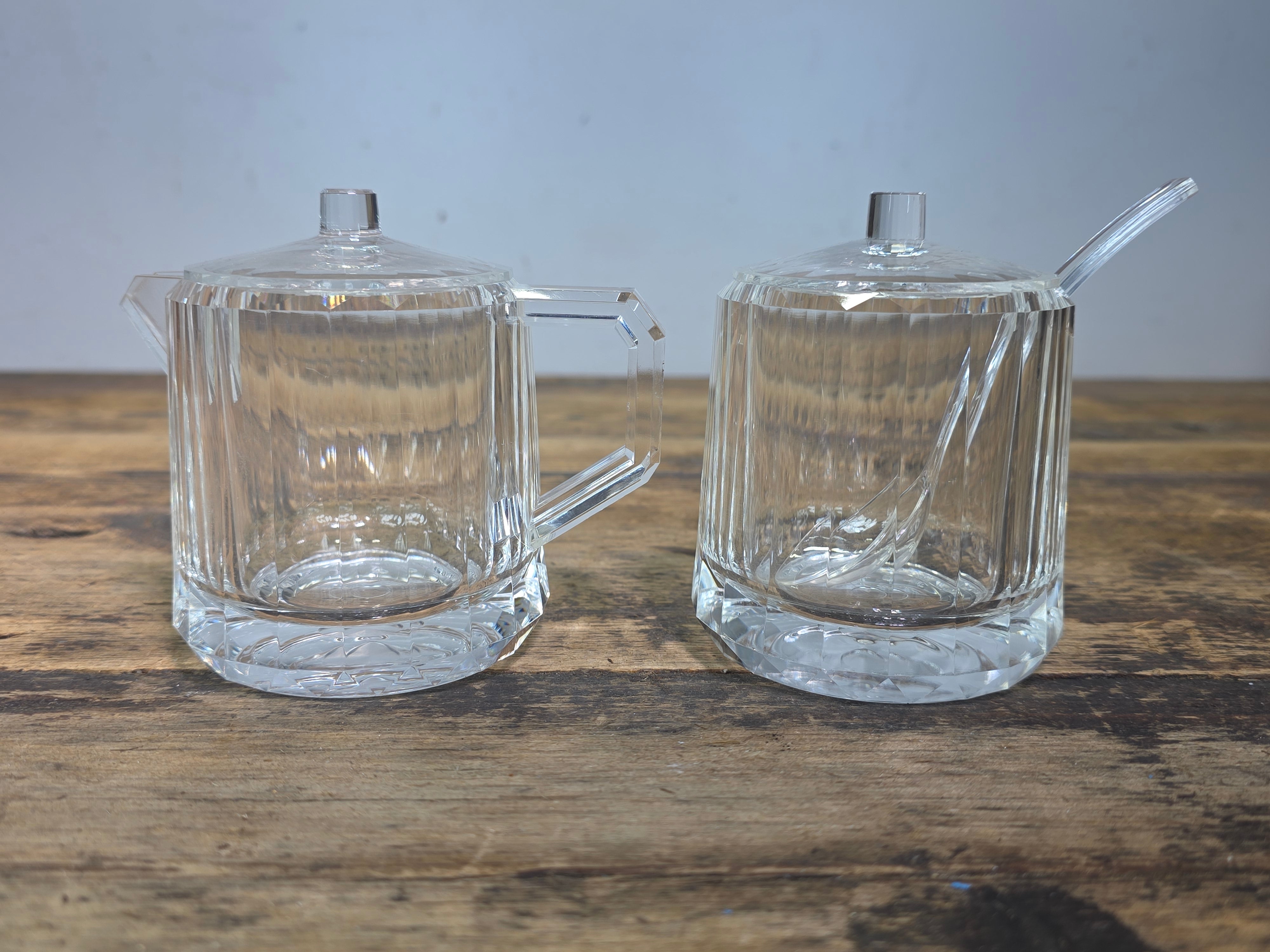 Vintage 1990 US Acrylic Creamer Sugar Bowl Set Lid Spoon Lucite Clear Plastic MC