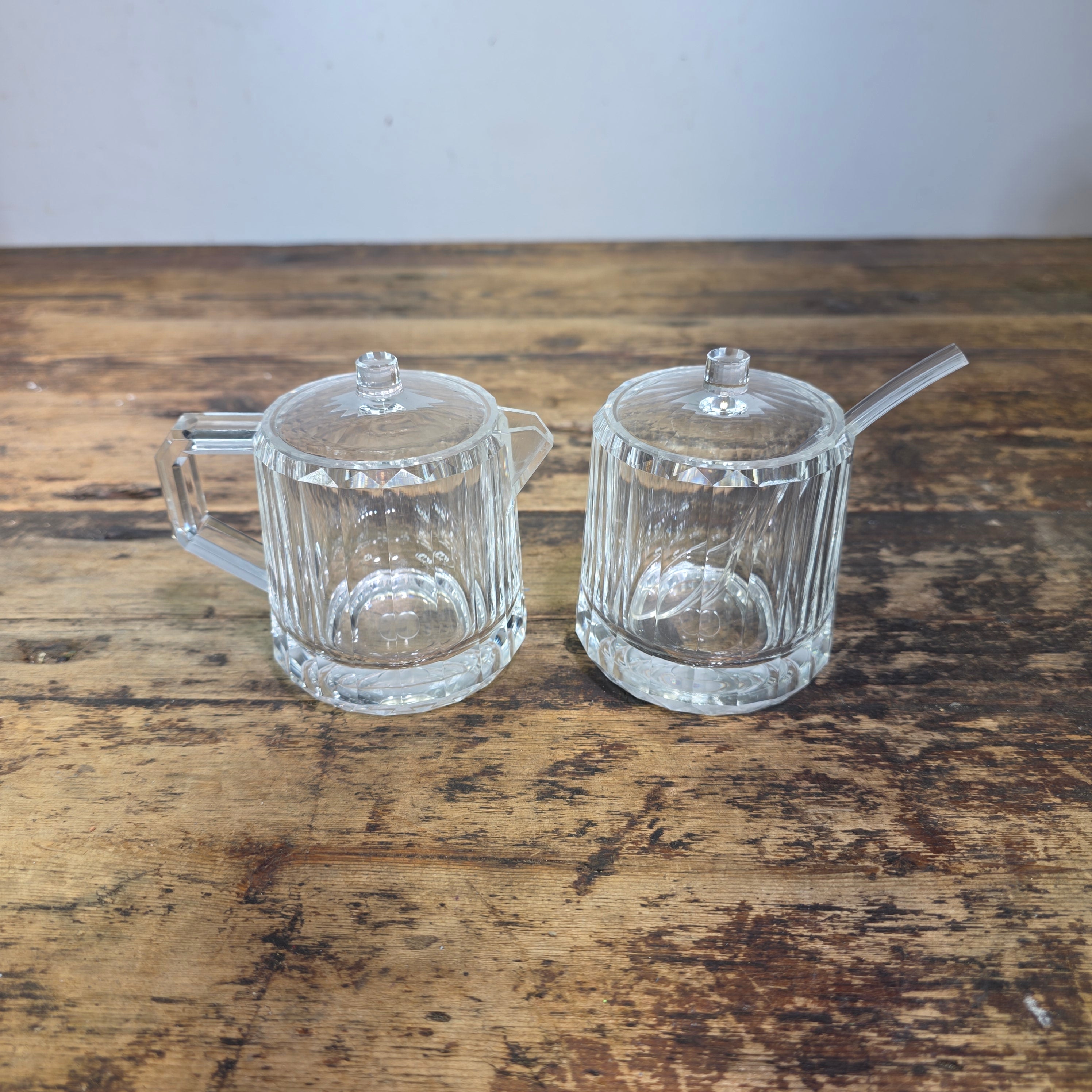 Vintage 1990 US Acrylic Creamer Sugar Bowl Set Lid Spoon Lucite Clear Plastic MC
