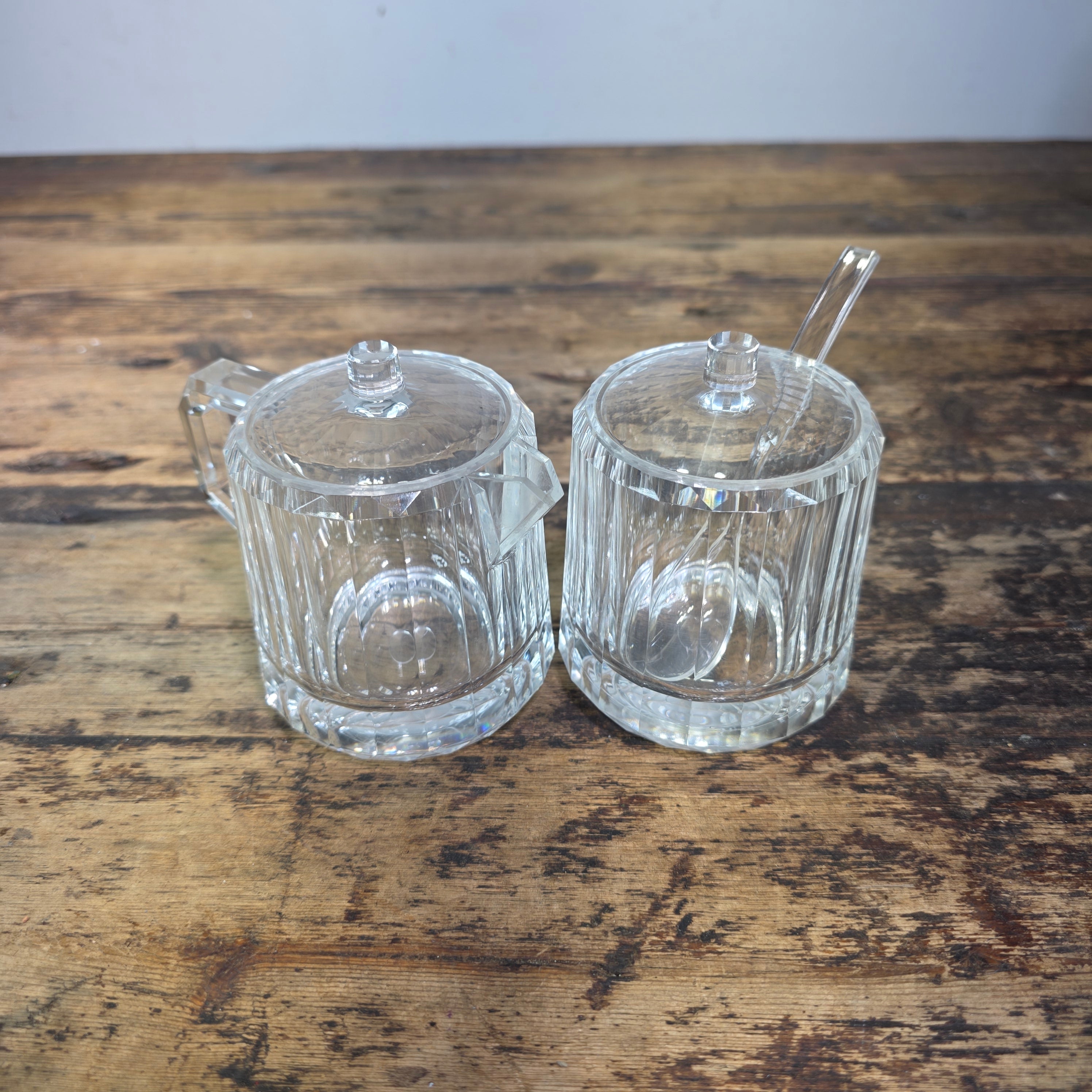 Vintage 1990 US Acrylic Creamer Sugar Bowl Set Lid Spoon Lucite Clear Plastic MC