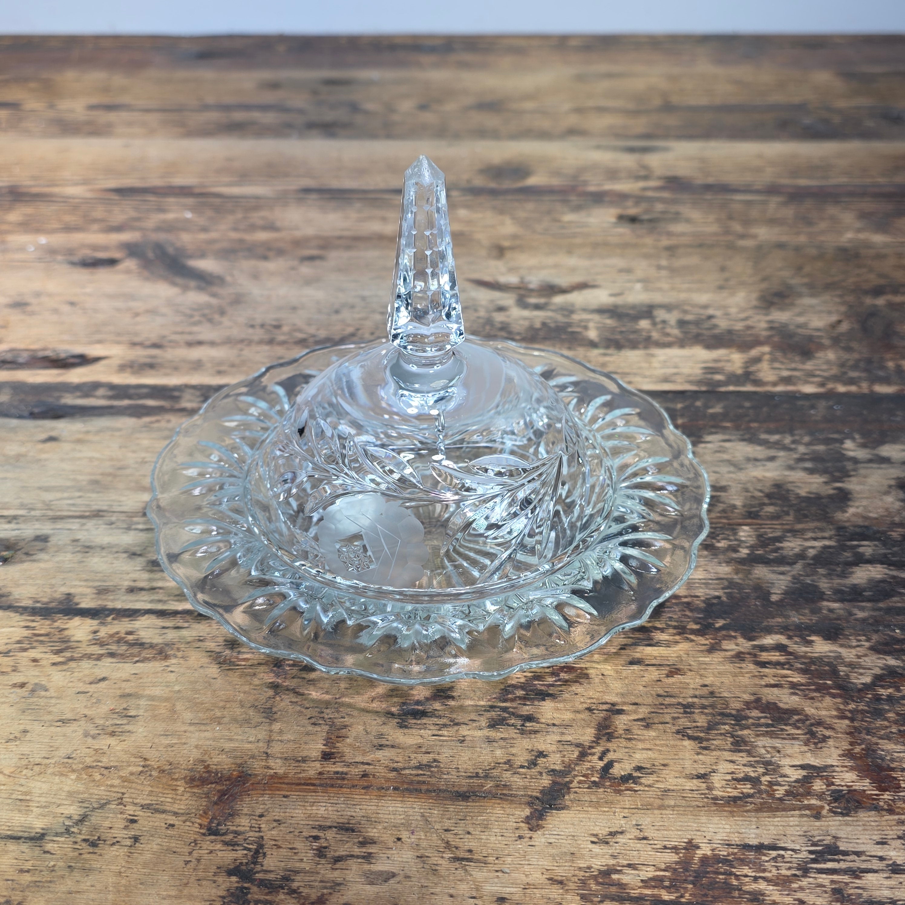 Vintage Crystal Glass Butter Dish Dome Lid Chiming Bell Pinwheel Cut Clear MCM