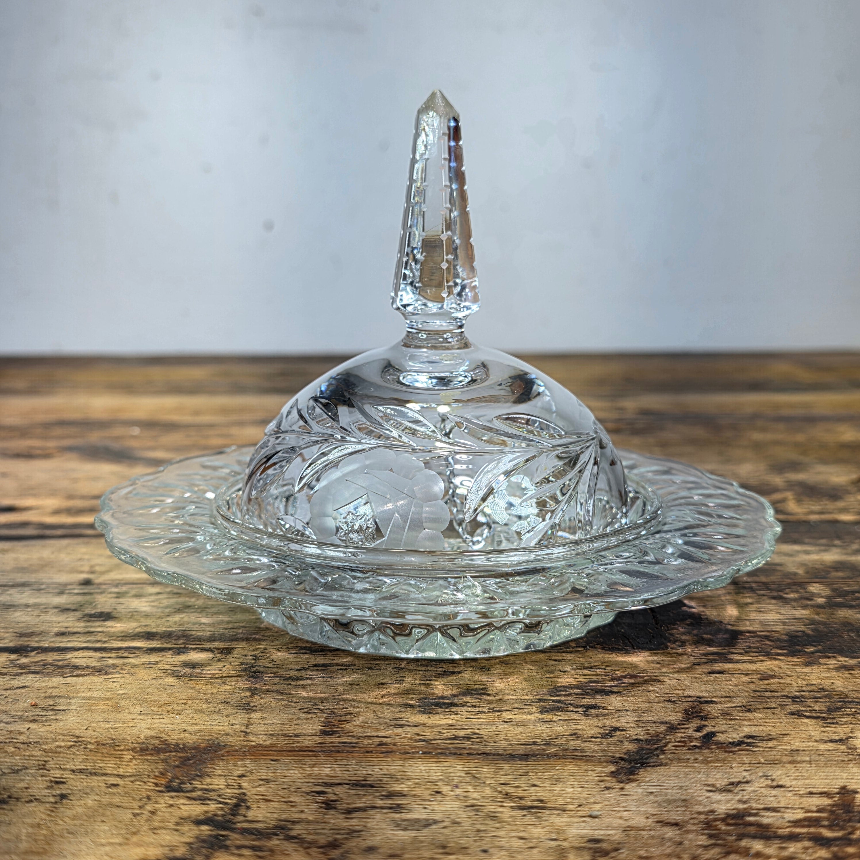 Vintage Crystal Glass Butter Dish Dome Lid Chiming Bell Pinwheel Cut Clear MCM