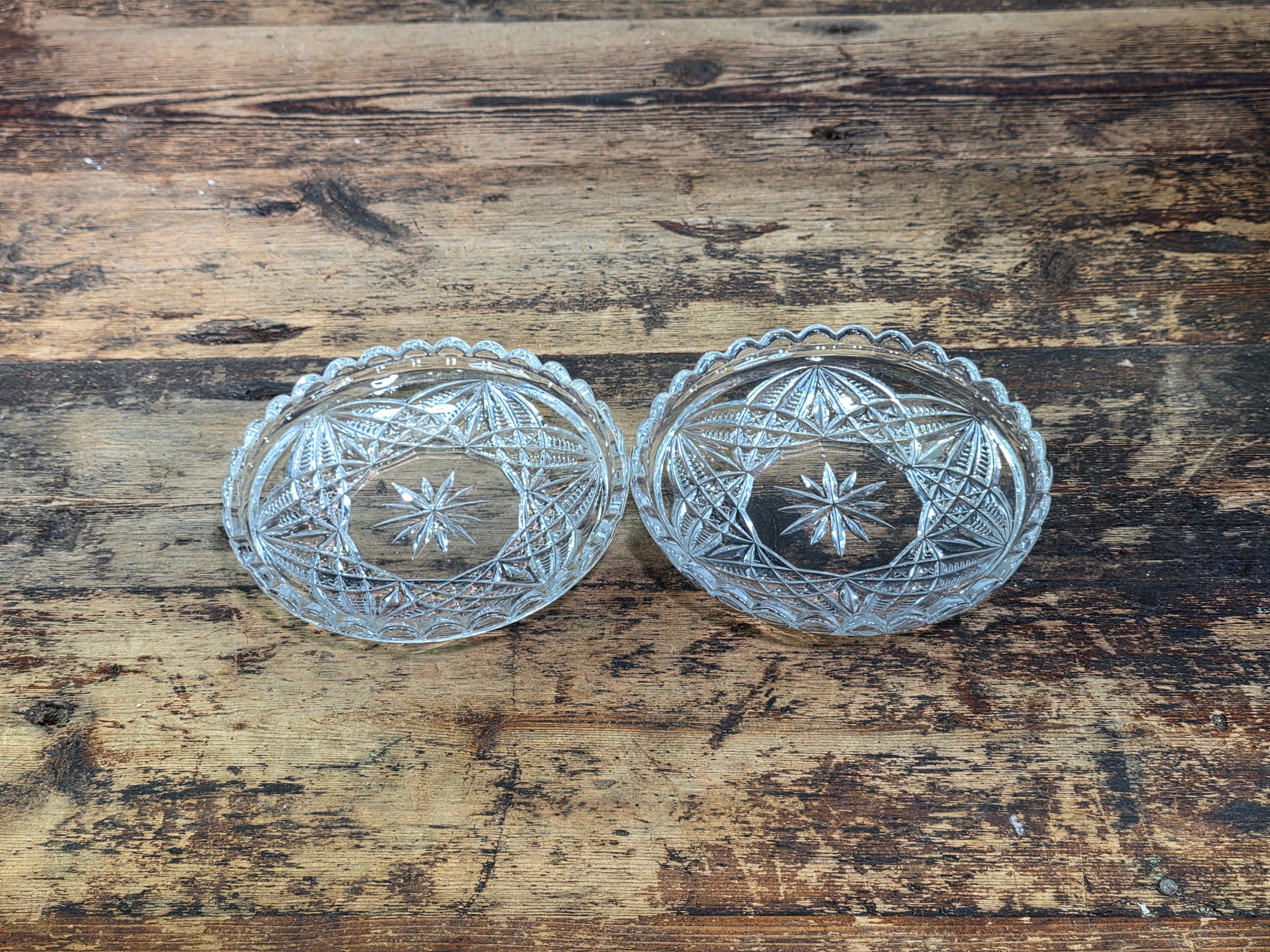 Vintage Clear Pressed Glass Small Plates 6" Starburst Scalloped Rim Saucer Pair