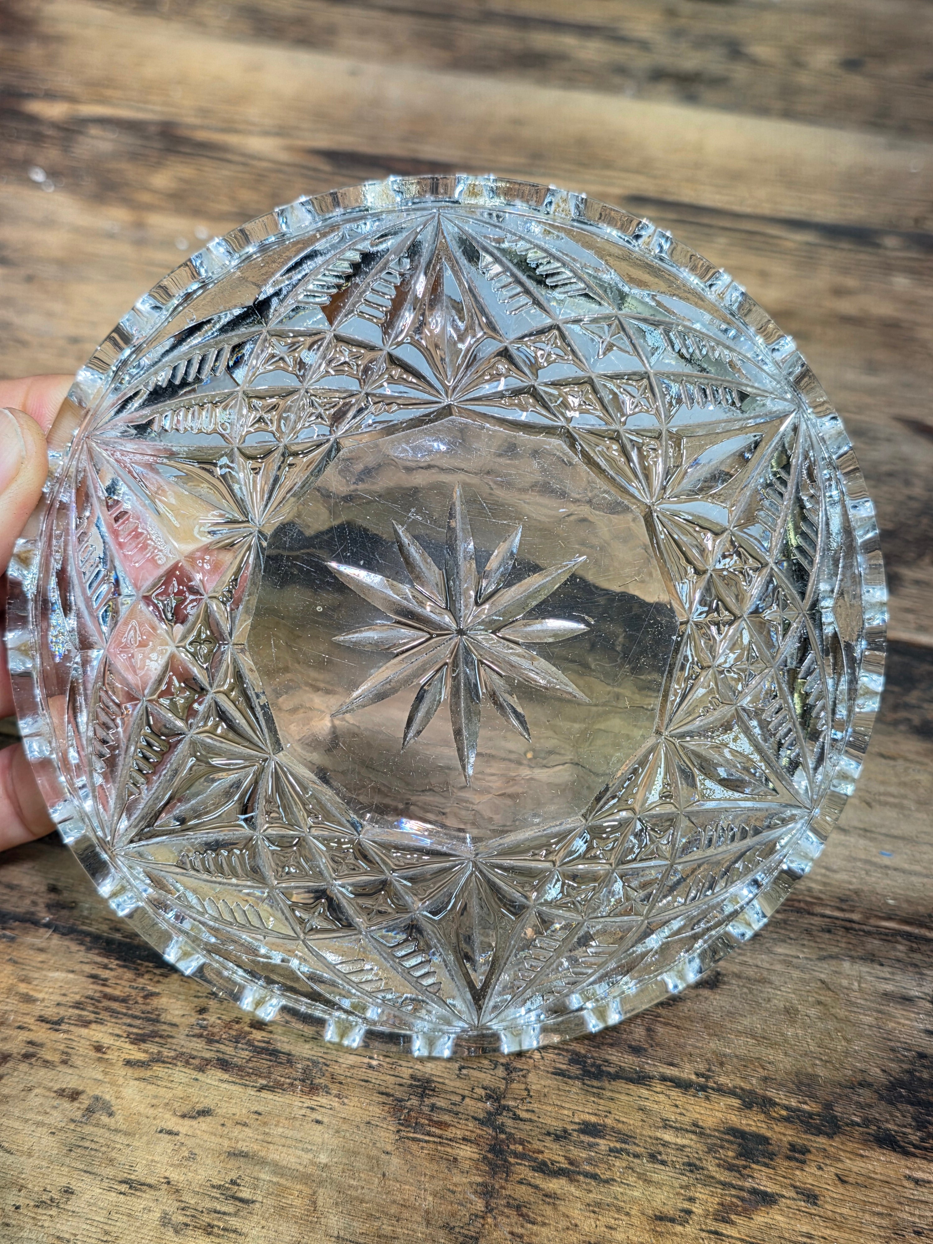 Vintage Clear Pressed Glass Small Plates 6" Starburst Scalloped Rim Saucer Pair