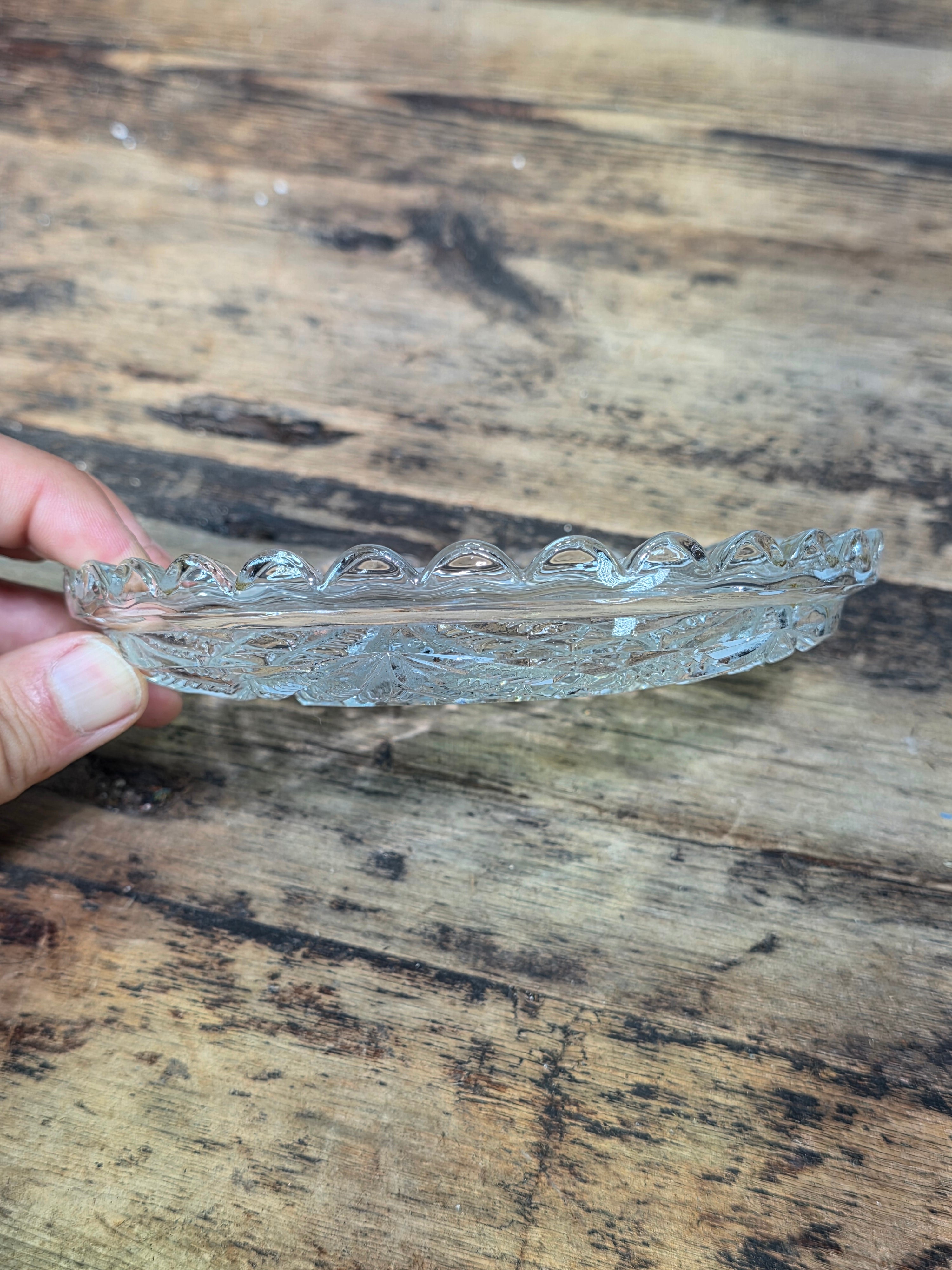 Vintage Clear Pressed Glass Small Plates 6" Starburst Scalloped Rim Saucer Pair