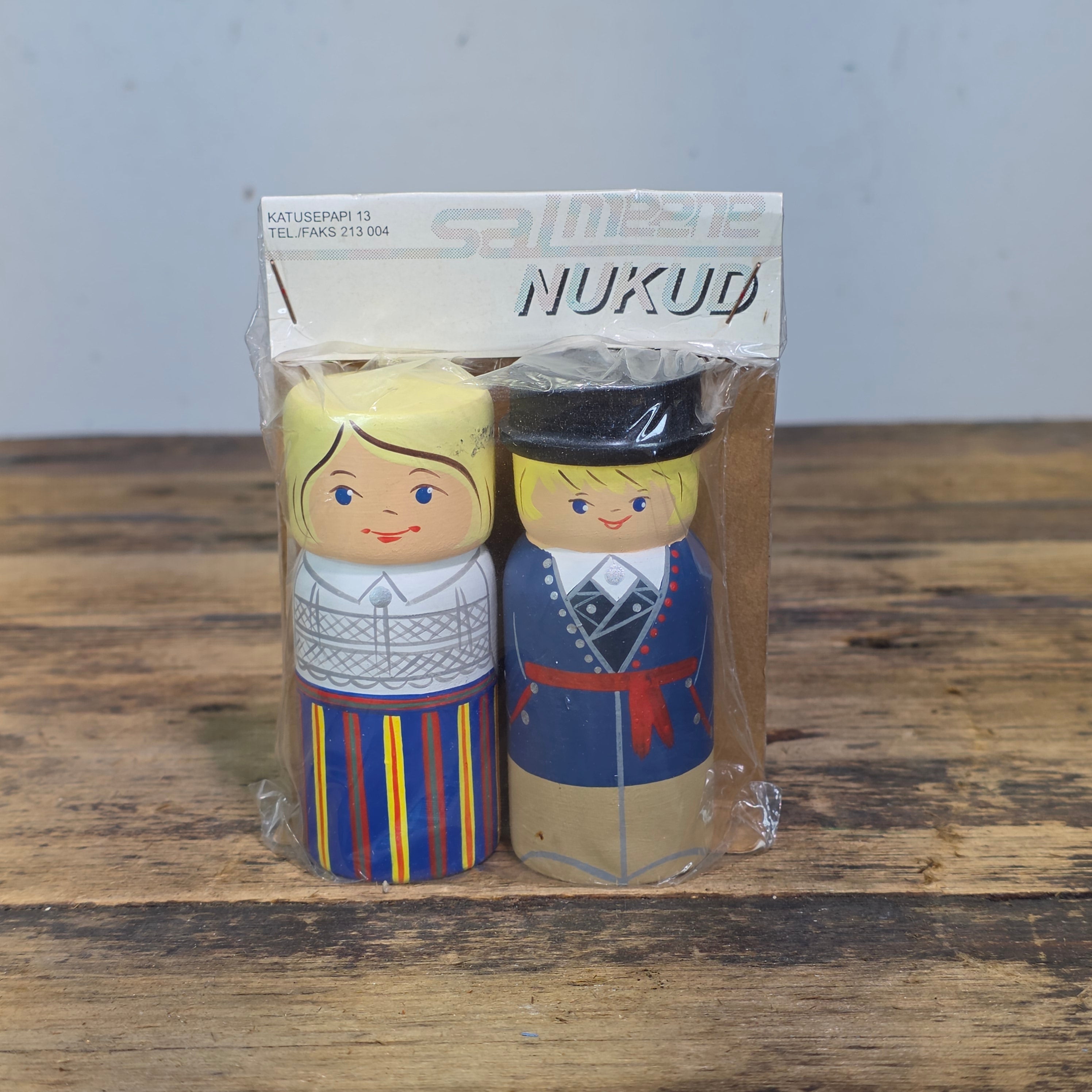 Vintage Estonia Wooden Salt Pepper Shakers Tallinn Hand Painted Folk Doll Set NOS