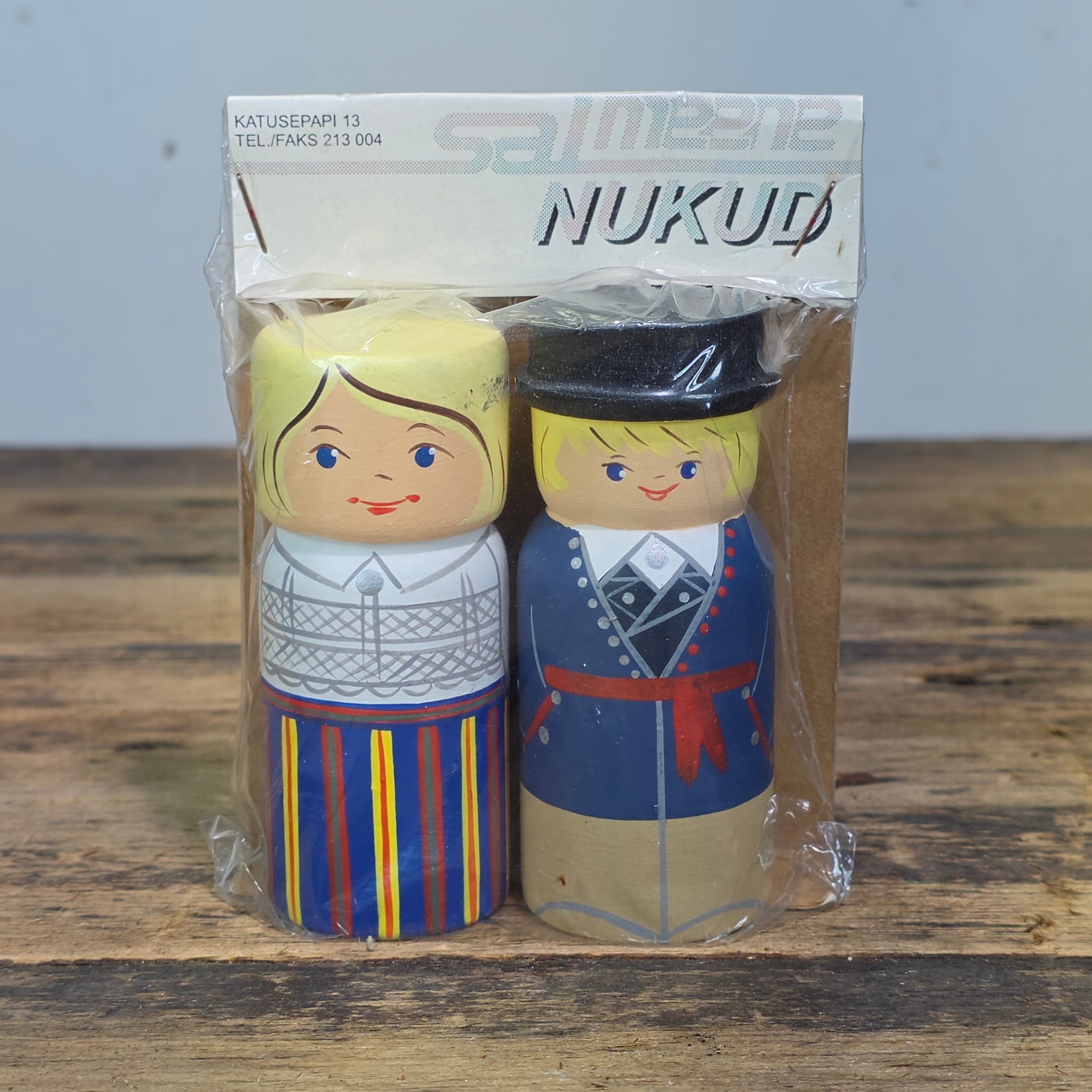 Vintage Estonia Wooden Salt Pepper Shakers Tallinn Hand Painted Folk Doll Set NOS