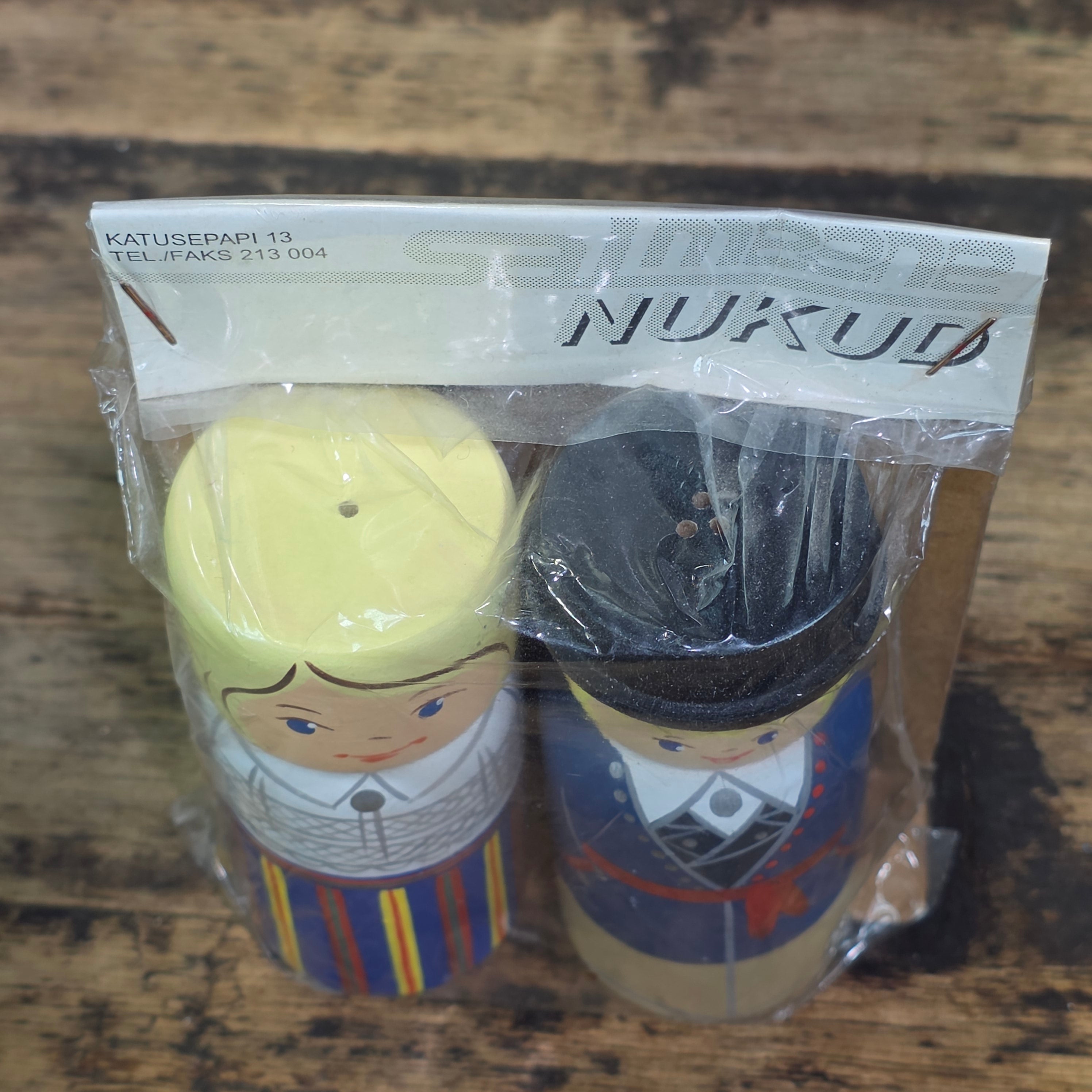 Vintage Estonia Wooden Salt Pepper Shakers Tallinn Hand Painted Folk Doll Set NOS