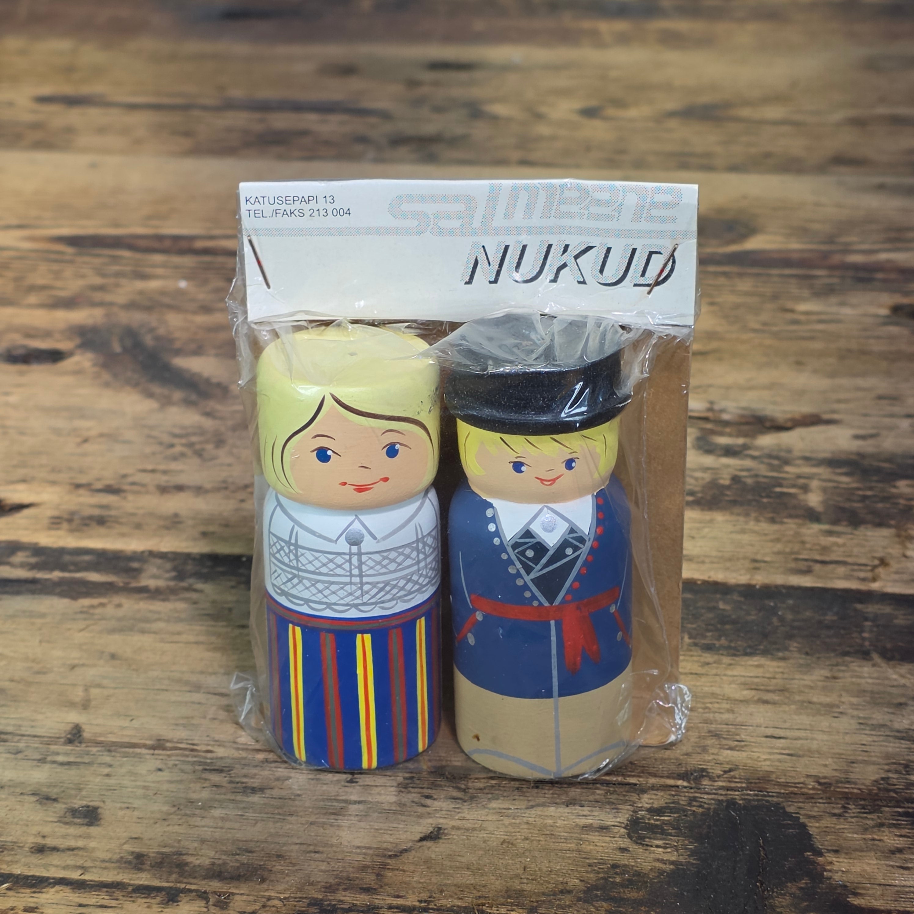 Vintage Estonia Wooden Salt Pepper Shakers Tallinn Hand Painted Folk Doll Set NOS