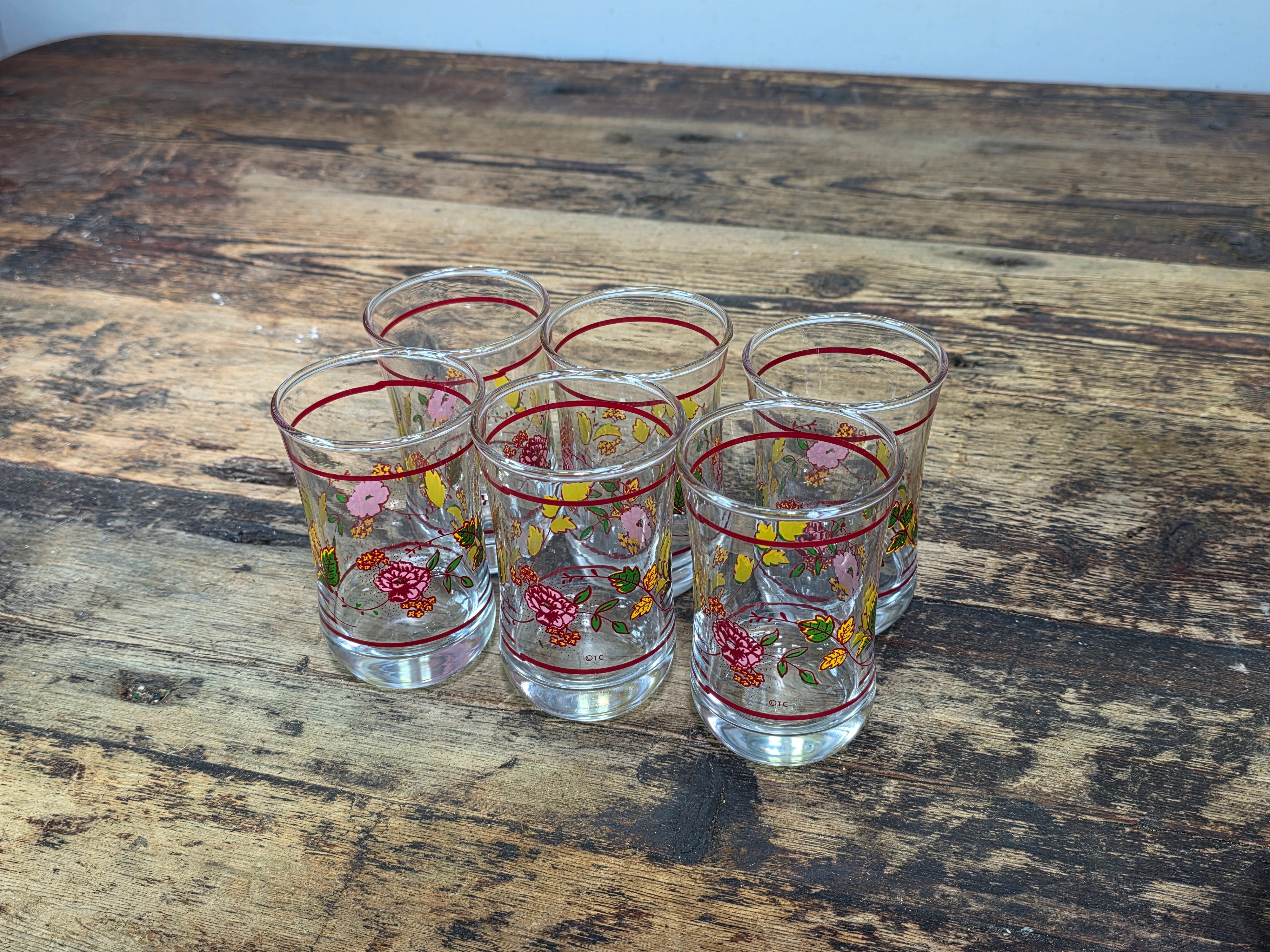 Vintage Anchor Hocking Juice Glasses Set of 6 Floral 5oz Clear Retro Boho TC