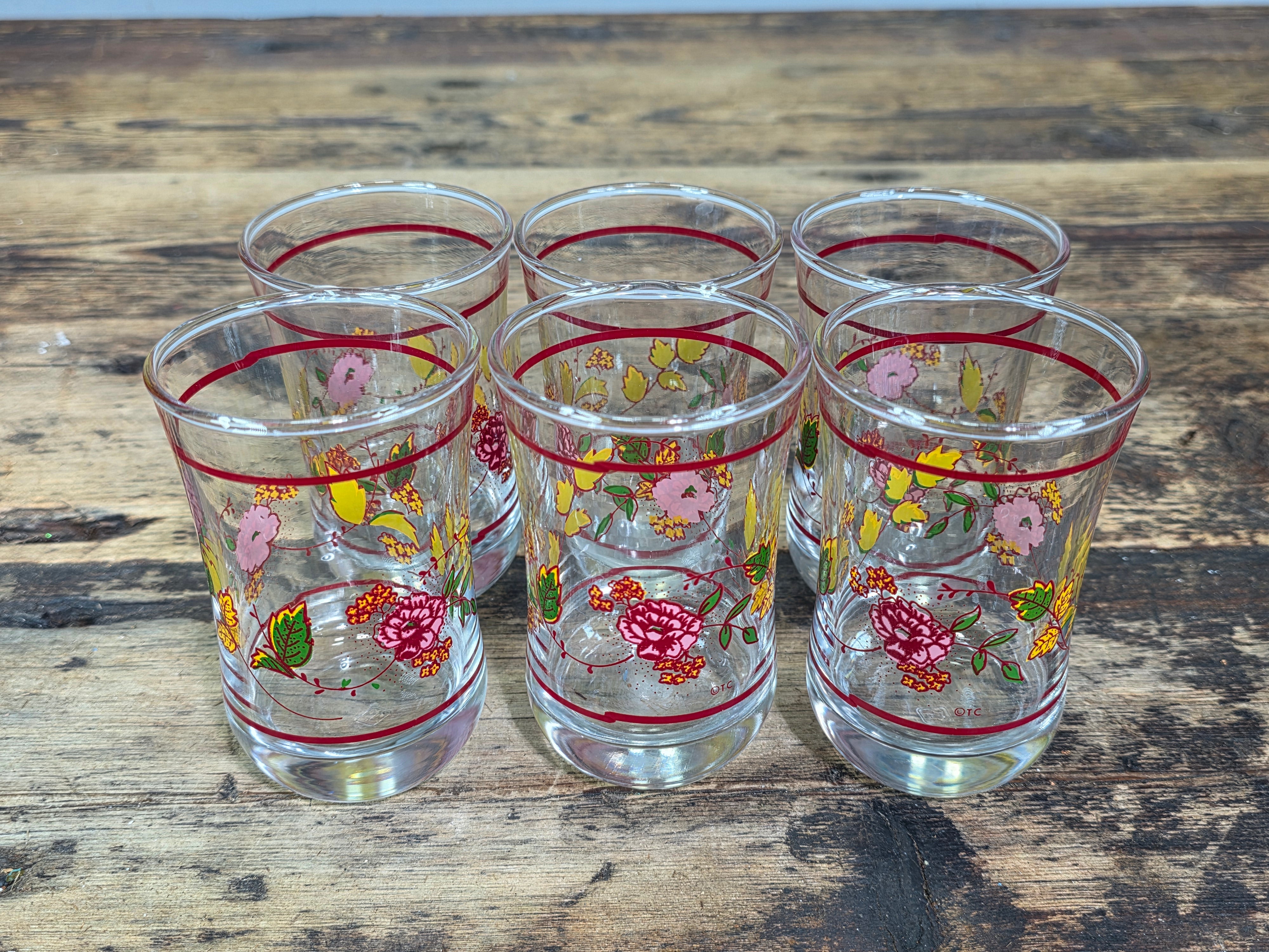 Vintage Anchor Hocking Juice Glasses Set of 6 Floral 5oz Clear Retro Boho TC